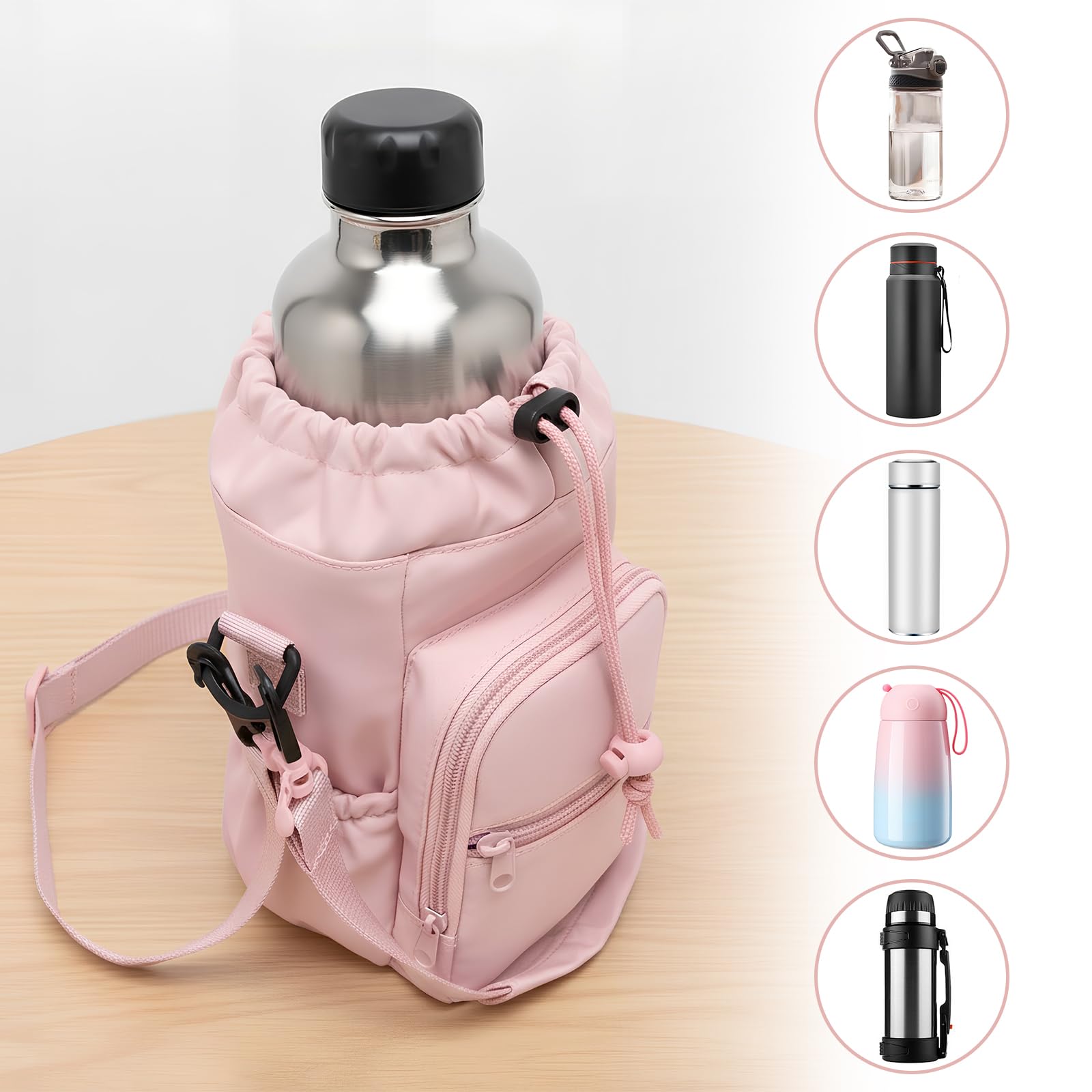Zimoer Elegante y Práctica Bolsa para Vaso Stanley, Funda Termica Botella Agua, Bolsa para Stanley Cup con Bolsillo para Teléfono y Correa Ajustable, Ideal para Senderismo, Viajes y Camping (Negra)