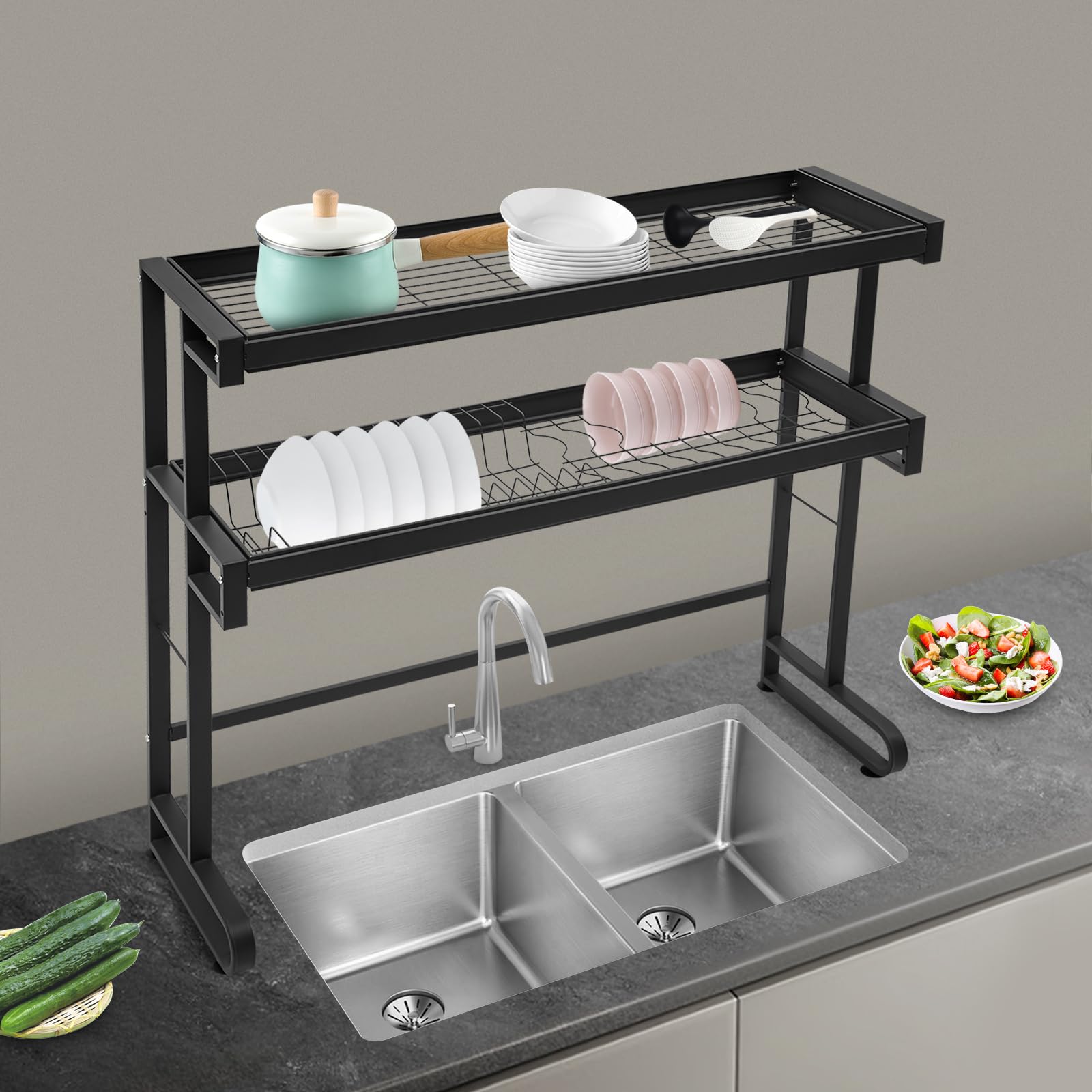 Escurridor de platos+estante de secado para platos+organizador de cocina+ahorro de espacio eficiente sobre el fregadero+86 cm doble nivel+capacidad de carga de 40 kg+negro+inoxidable+altura