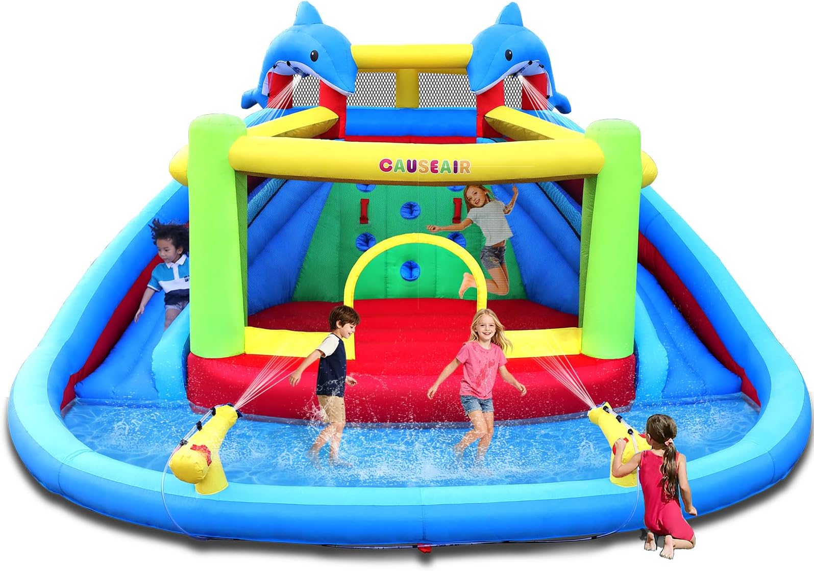 Causeair Inflatable Bounce House with Slide,Dolphin Styling,Splashing Pool,Double Water Cannon,Climbing Wall,Heavy Duty GFCI Blower,Inflatable Water Park Slide for Kids Backyard Summer