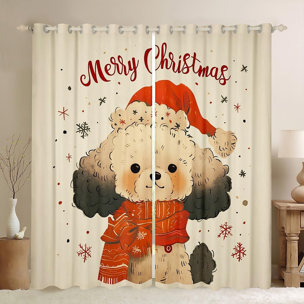 Feelyou (2 Panels, 52 x 63 Inch Cute Dog Blackout Curtains for Kids Boys Girls Pet Dog Christmas Darkening Drapes Merry Xmas Winter Curtains for Bedroom Living Room