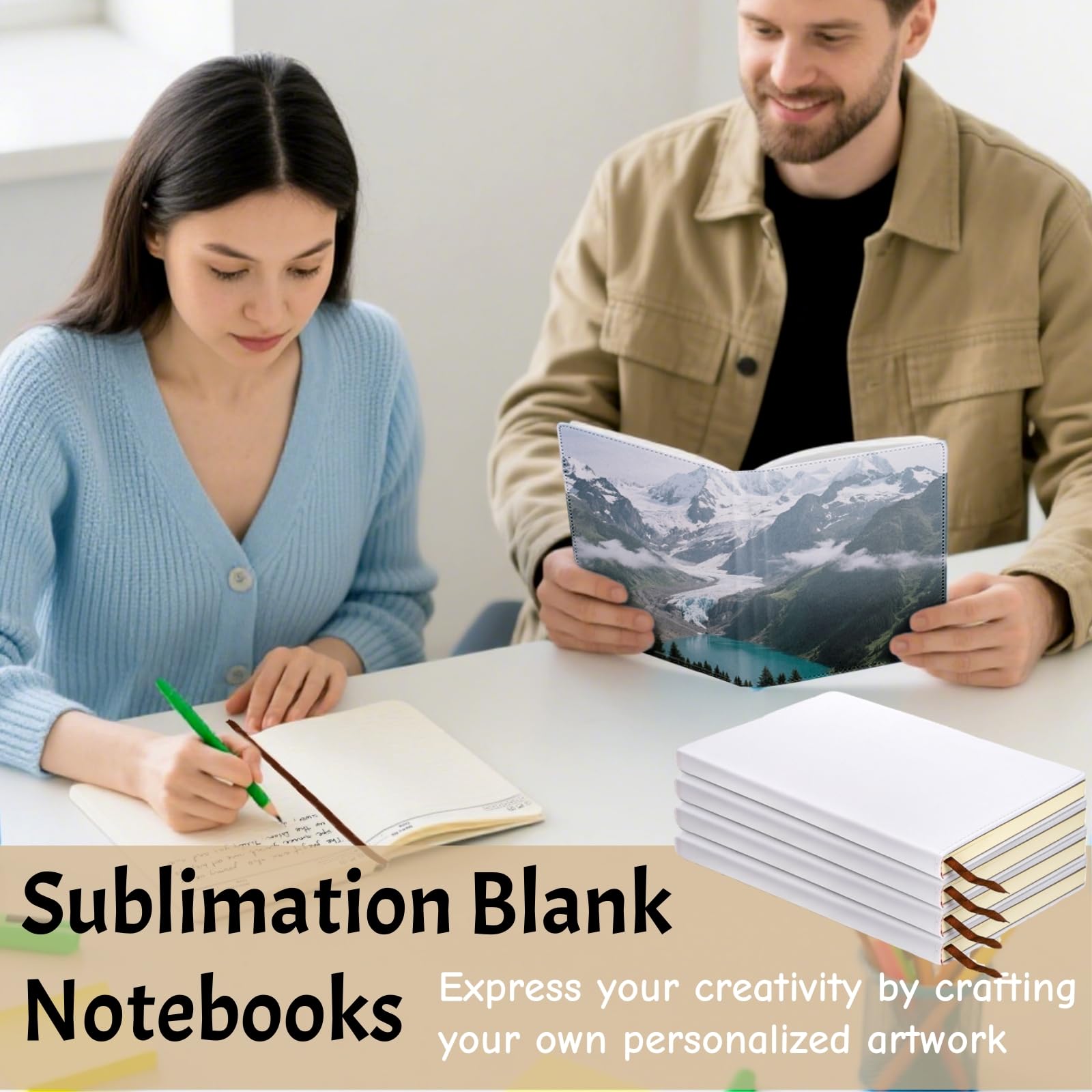 Paquete de 4 cuadernos de sublimación en blanco, tamaño A5, 200 páginas, con rayas gruesas, cuaderno personalizable de tela de tapa dura para suministros de viaje de oficina, 8.3 pulgadas de