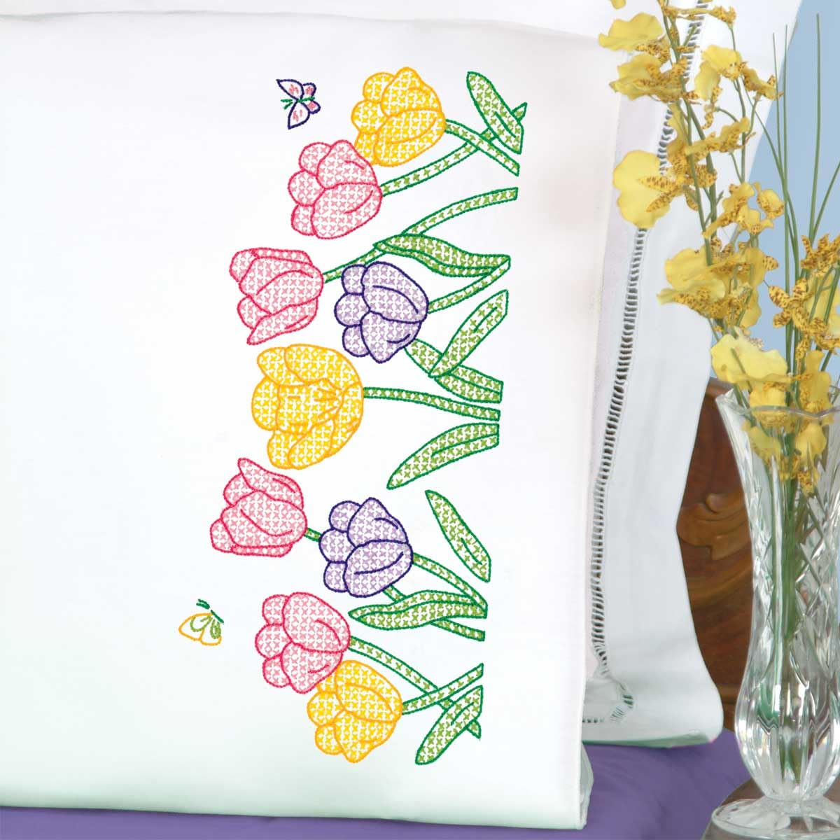 Jack Dempsey Needle Art Floral - Beautiful Blooms Pillowcases, Pillows Covers