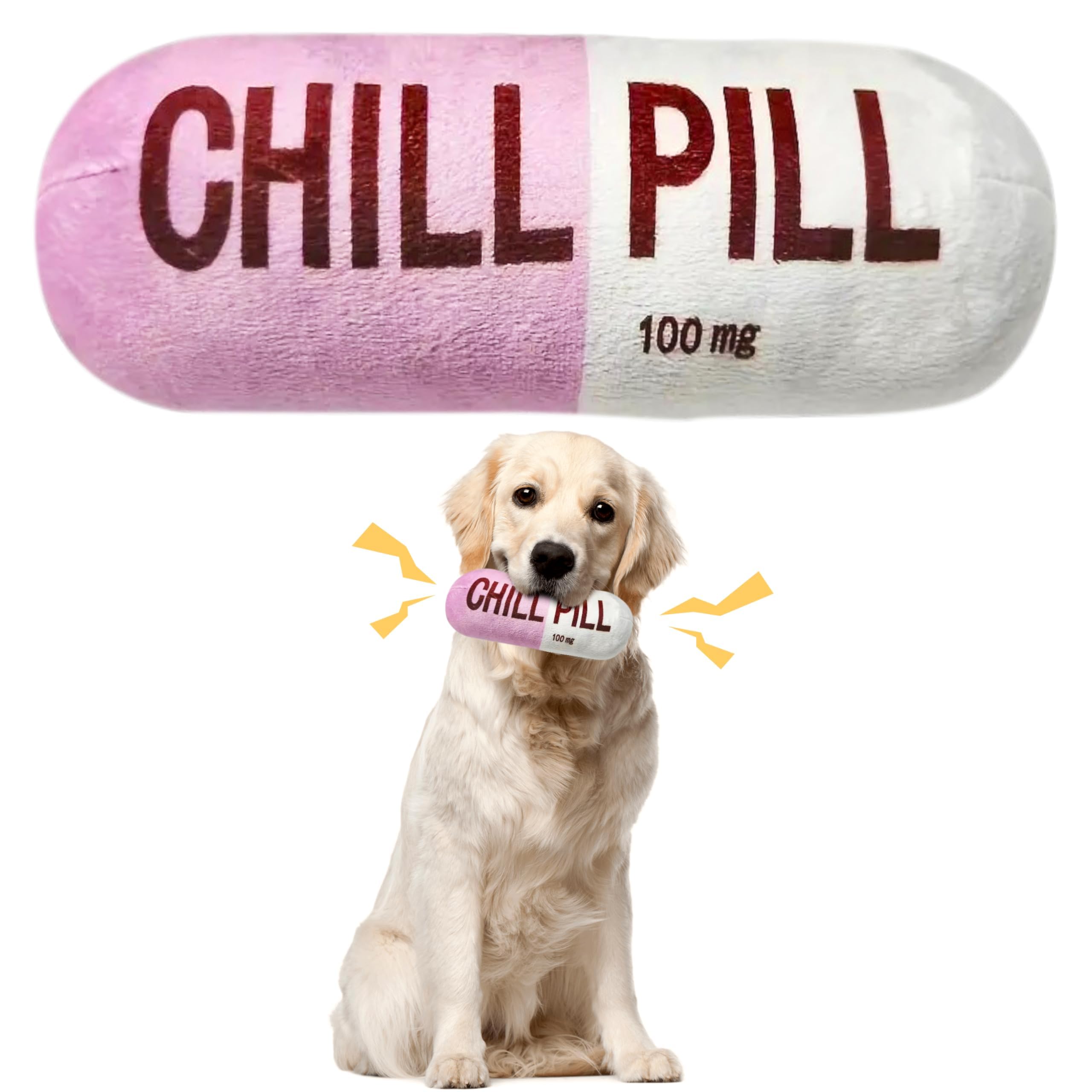CUweipeng Funny Dog Squeaky Toy - Pink Chill Pill Capsule Shaped Teething Squeak Plush Pet Toy Bite Kick Indoor Interactive Training Play Supply for