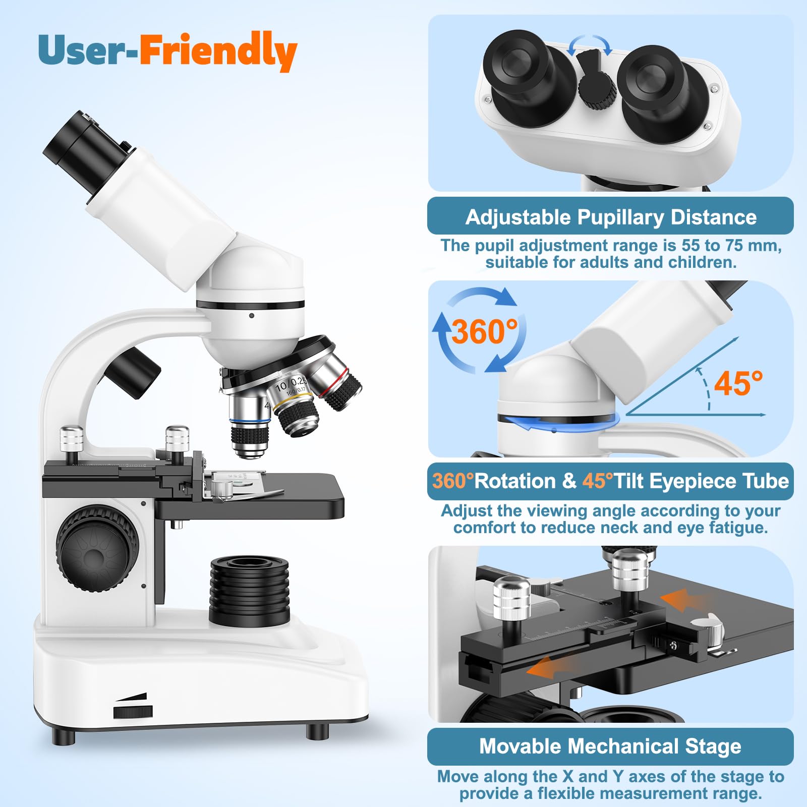 Microscopio binocular, 40X-1000X, regla deslizante, 4 lentes de objetivo, enfoque grueso y fino, con oculares WF 10X/25X, accesorios, funda de transporte