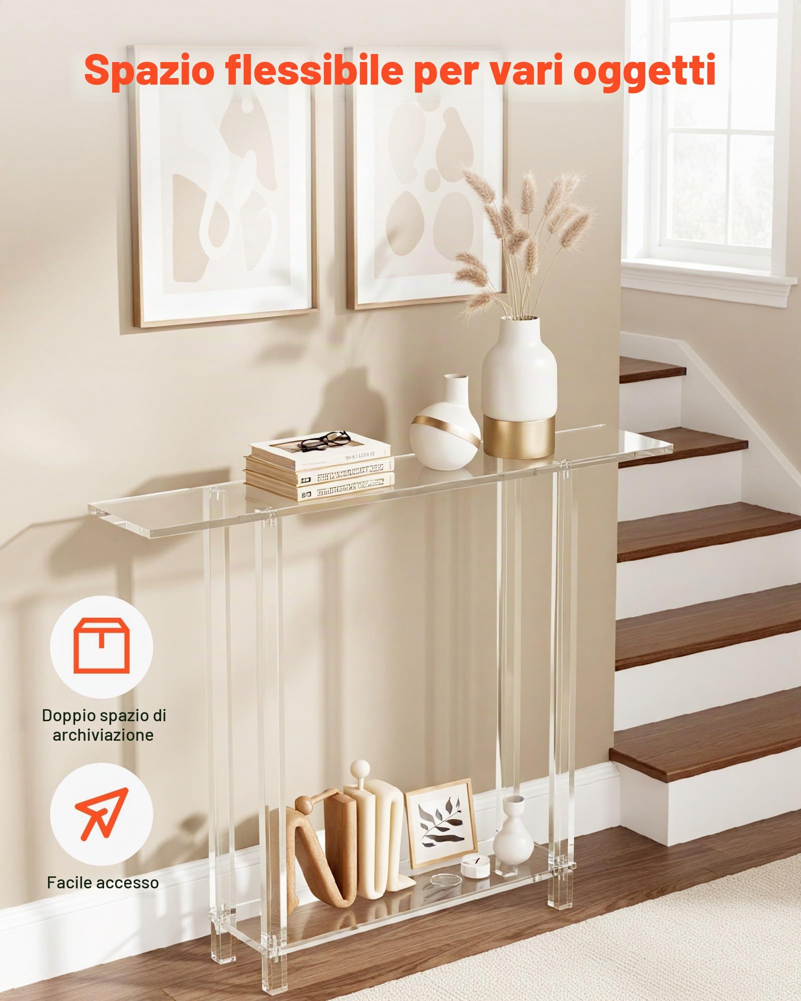VEVOR Tavolo Consolle in Acrilico, con 2 Ripiani e Vano Portaoggetti Sottostante, Tavolino Rettangolare Moderno, Tavolo da Ingresso per Atrio, Corridoio, 19,3 x 100 x 80 cm, Trasparente
