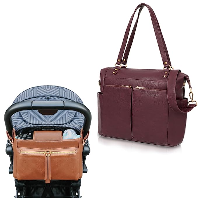 MOMINSIDE Diaper Bag Tote, Stroller Organizer with Insulated Cup Holders Leather Diaper Bag Backpack for Mom Dad Large Travel Baby Bag for Boys Girls Brown