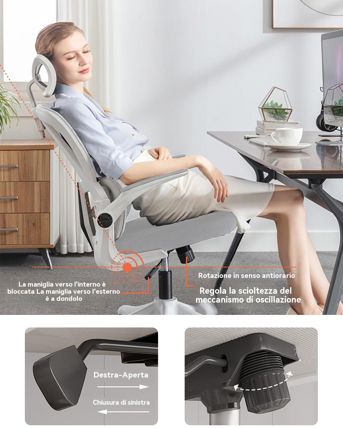 Sedia da Ufficio in Rete,Sedia da Gioco Ergonomica con Schienale Alto,Rotelle e Poggiatesta Regolabile,Braccioli Ribaltabili Comfort per Casa,Camera da Letto,Studio(Grigio)