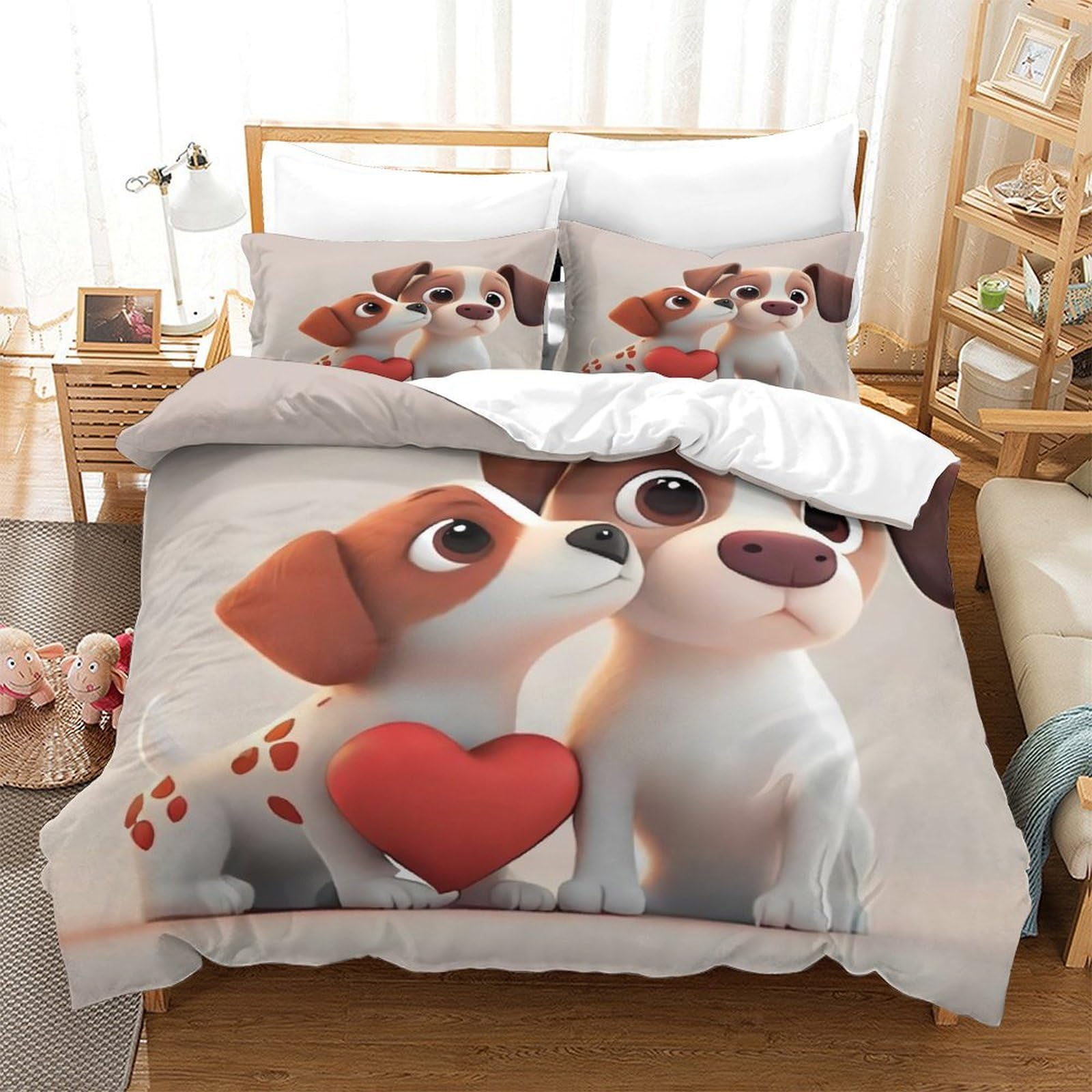 Niedliche Cartoon 3D Druck Hund Duvet Cover Mikrofaser Schlafzimmer Dekor Welpen Pärchen Bettwäsche Set Hautfreundlich Atmungsaktiv für Erwachsene Jugendliche Super King（260x220cm）