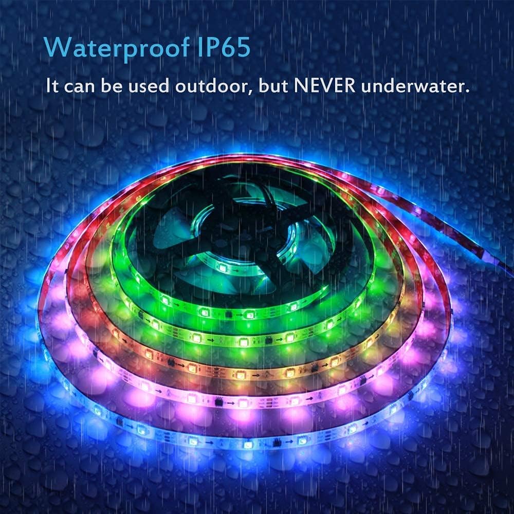 ALITOVE LED strip light coiled, demonstrating its IP65 waterproof rating with water droplets on the surface.