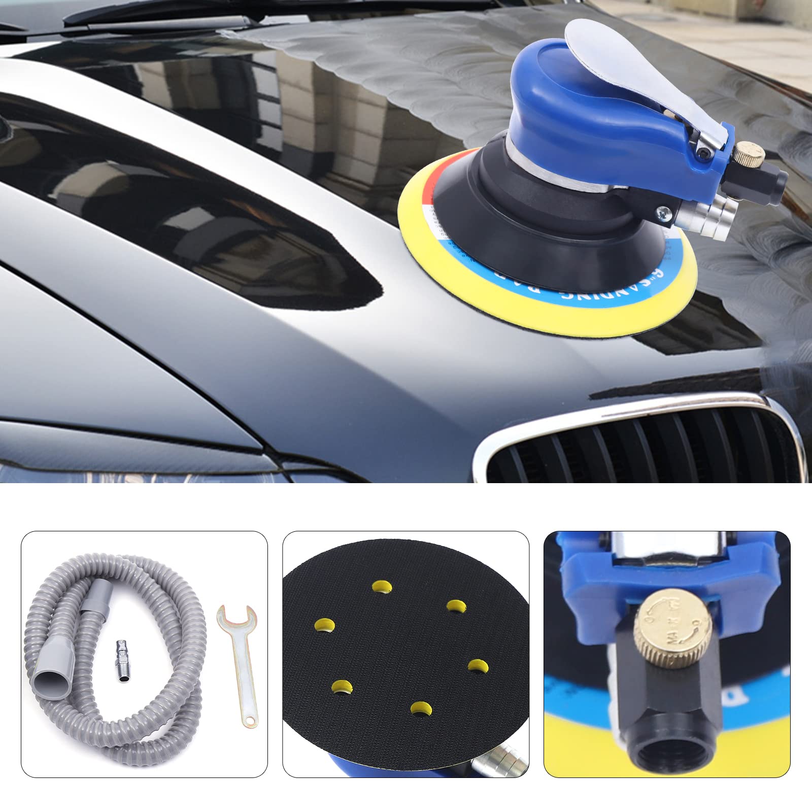 LyeXD 6“ Air Random Orbital Sander, 10000 RPM Dual-action Sander Pneumatic Palm Car Sanders with Dust Extraction Tube, Nozzle & Bag for Wood Polisher, Plastic, Metal Rust Removal, Low Noise