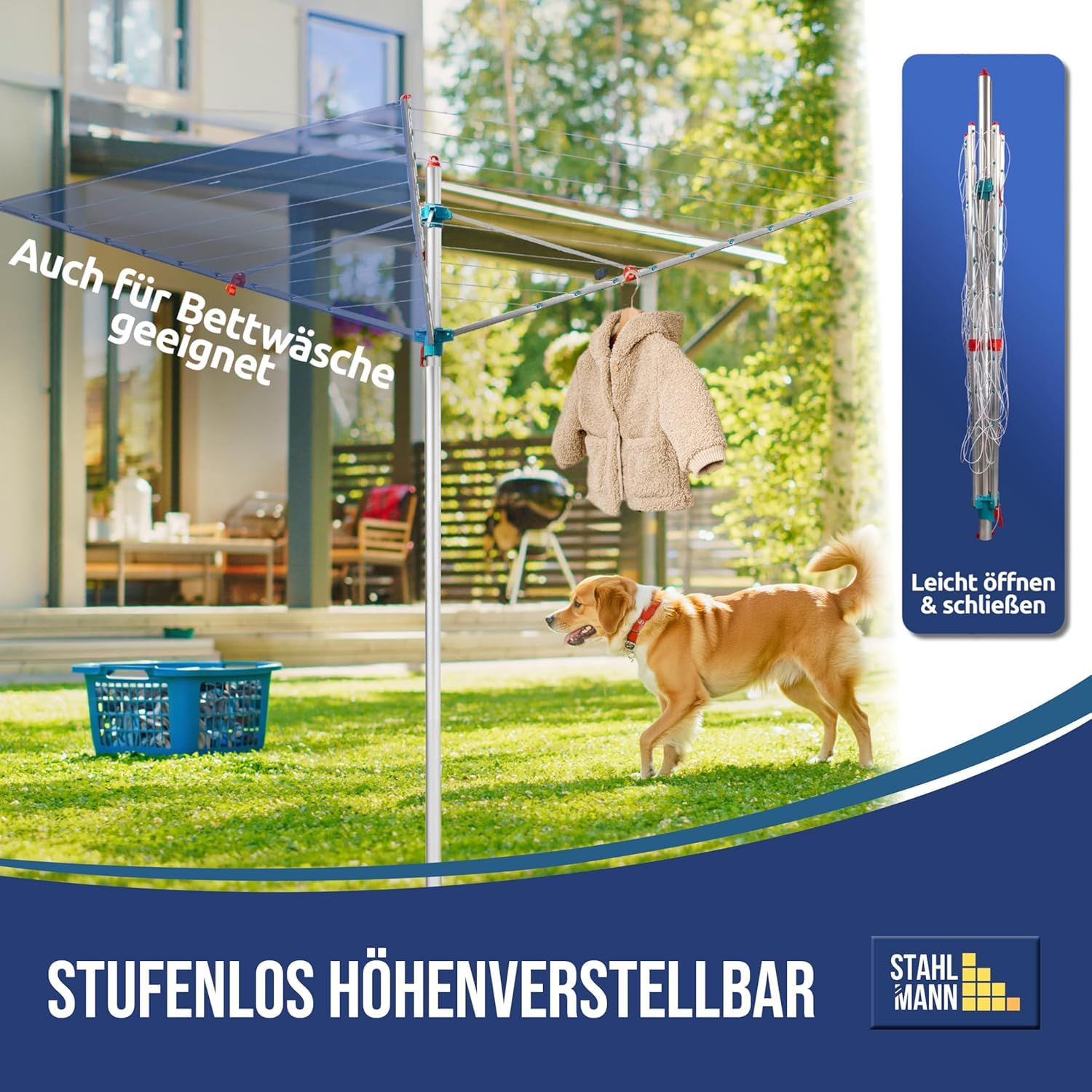 STAHLMANN® Wäschespinne draußen [Made IN Germany ] - Wäschespinne[50 M Leinenlänge] inkl. Bodenhülsen mit Deckel - höhenverstellbareWäschespinne aus hochwertigem Aluminium (50 M)
