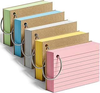 Koogel Karteikarten A8 mit Metallringen, 500er Set in 5 Farben, Lernkarten für Vokabeln, Formeln, Notizen, 7,4 x 5,2 cm