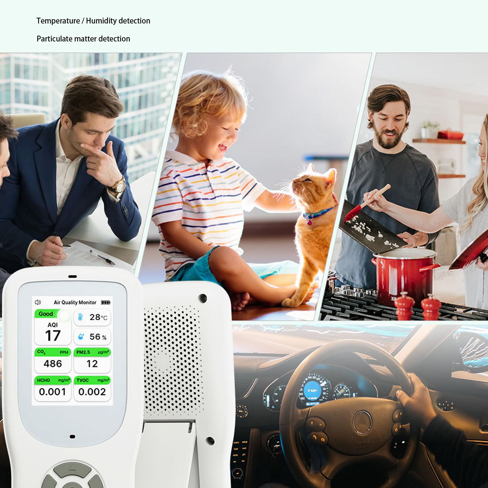 Monitor de Calidad del Aire, Detector Portátil para el Hogar | CO2 PM2.5 PM1.0 PM10 TVOC HCHO Temperatura Humedad, Sensor de Grado de Laboratorio con Alarma Dual, Batería de 2500 MAh