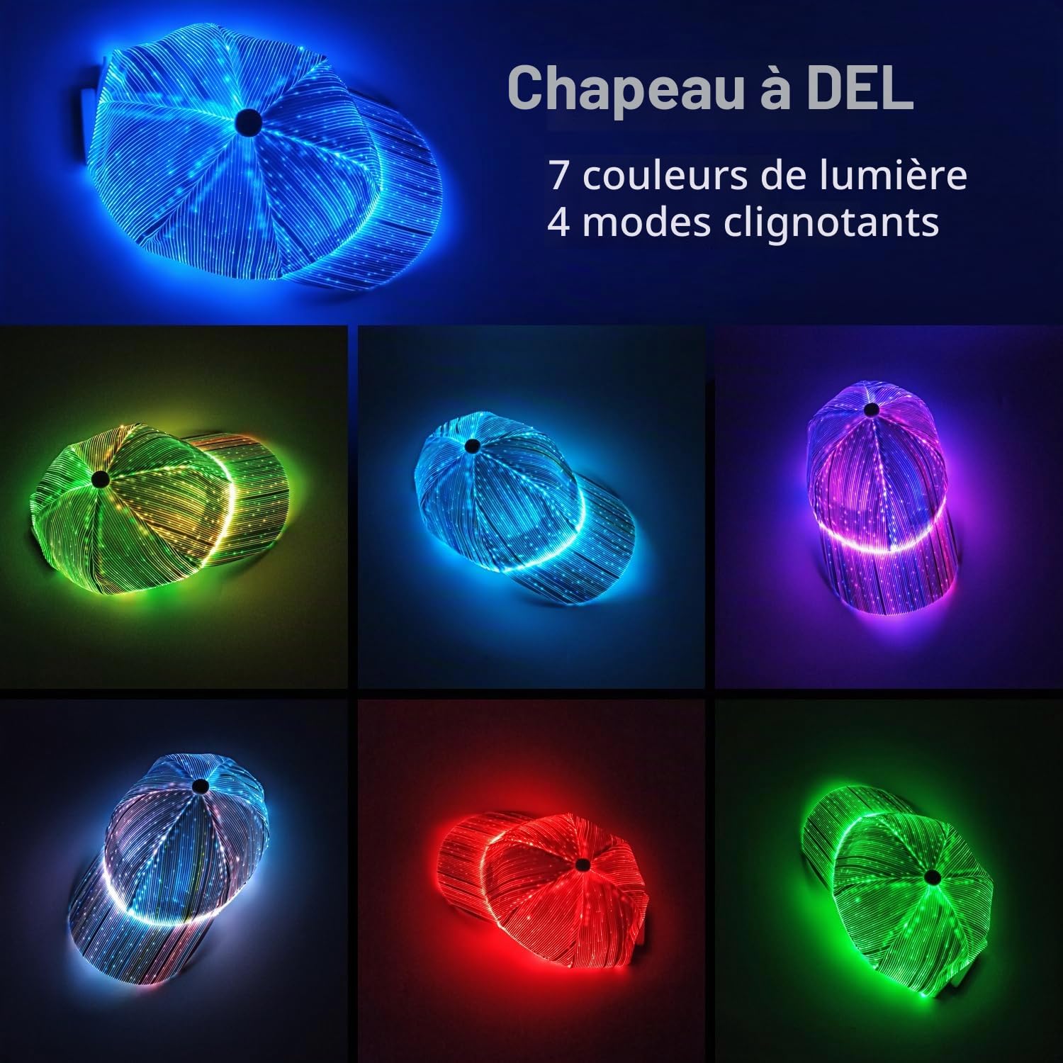 Ruconla Casquette à fibre optique LED avec 7 couleurs lumineuses EDC - Chargement USB - Casquette lumineuse même pour fête d'Halloween
