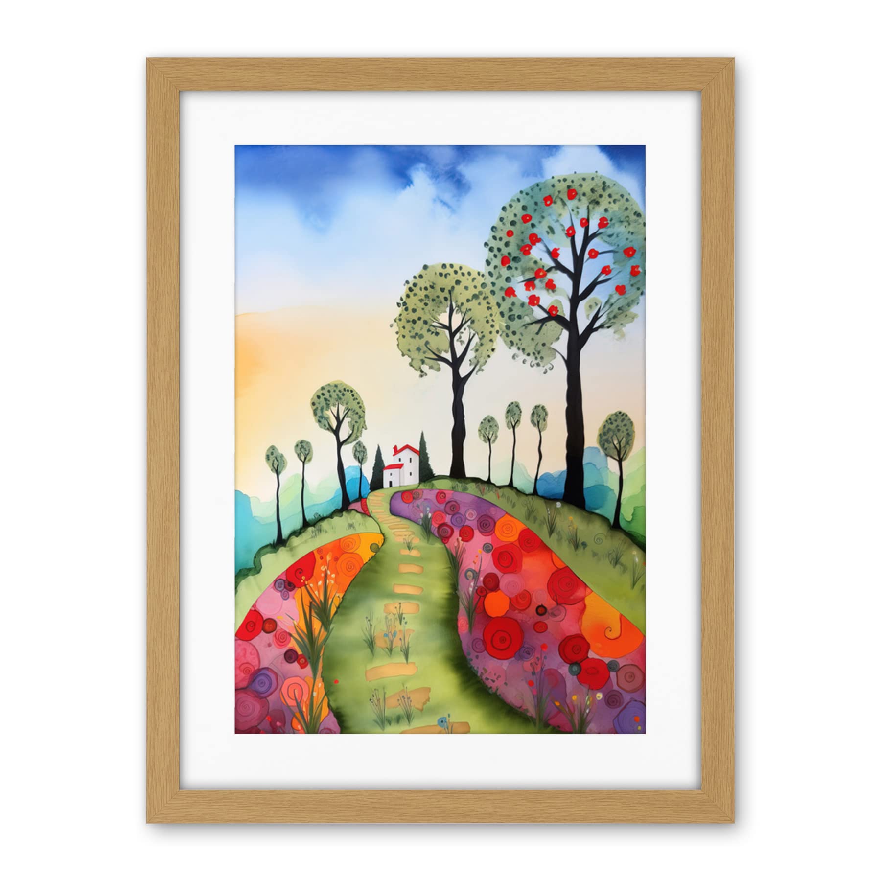 Artery8 Countryside House Path With Flowerbeds Folk Art Landscape Watercolour Painting Artwork Framed Wall Art Print 18X24 Inch