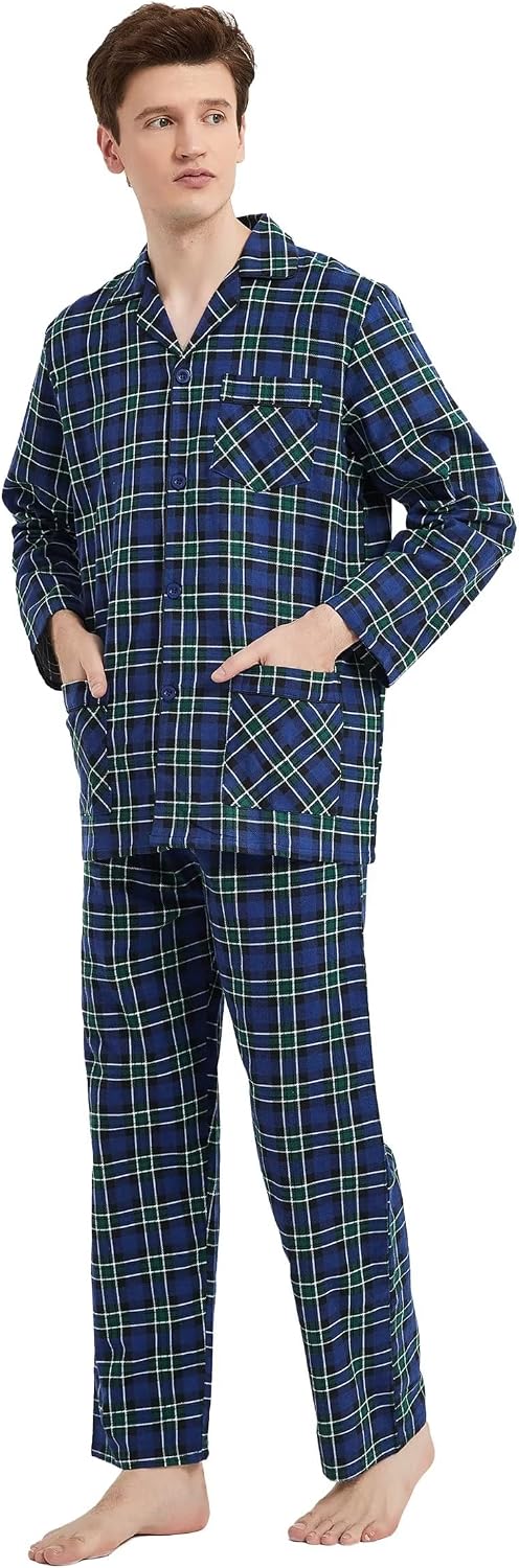 amaxer Men's Flannel Pajamas Set Men's Home Fashion Pajamas with Pockets and Drawstring 100% Cotton Soft Pjs for Men