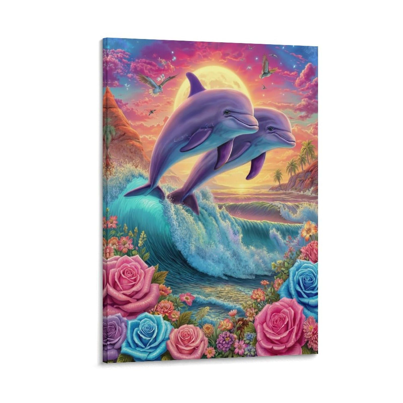 DHBANEIOK Dolphin Jumping Sunset Poster Artwork Canvas Prints Picture Modern Wall Art Picture Wall Hanging for Bathroom Wall Decor 16x24inch(40x60cm)