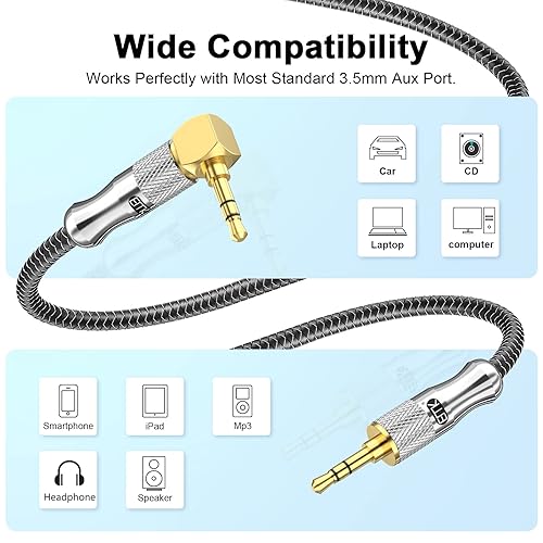 Miniatura 4 de EMK Cable auxiliar de ángulo recto, cable de audio de 90 grados de 0.138 in estéreo macho a macho para laptop, tabletas, reproductores de MP3,