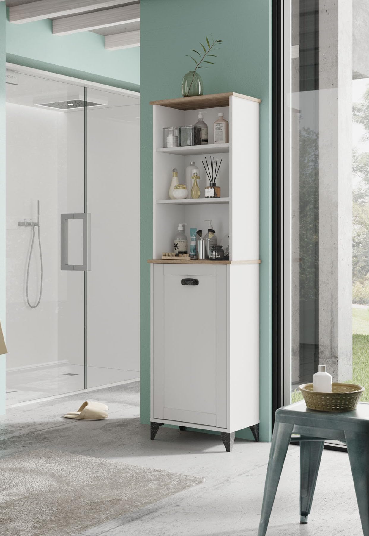 MUEBLES PITARCH | Columna de Baño, Armario Alto con Estantería, 1 Puerta con 1 Estantes Interior Regulable, 168x46,5x31cm (Alto x Ancho x Fondo) Blanco y Roble Cambrian, Vintage, Modelo Toscana