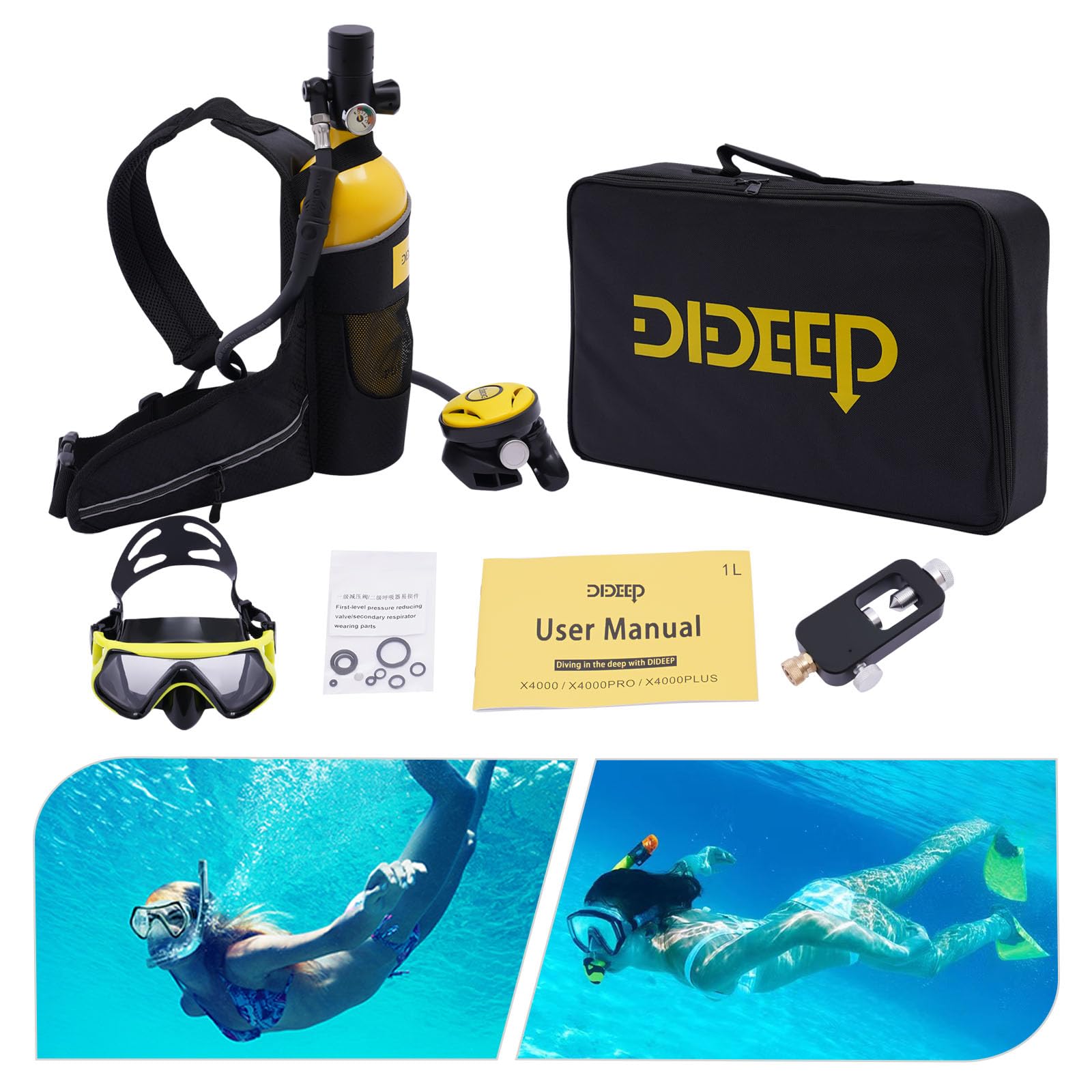 1L Tauchflaschen-Set, Tauchausrüstung mit Taucherbrillen Gurttaschen Adapter, Tragbares Tauchflaschen-Set für Urlaubstauchen, Unterwasserabenteuer und als Reserveluftquelle