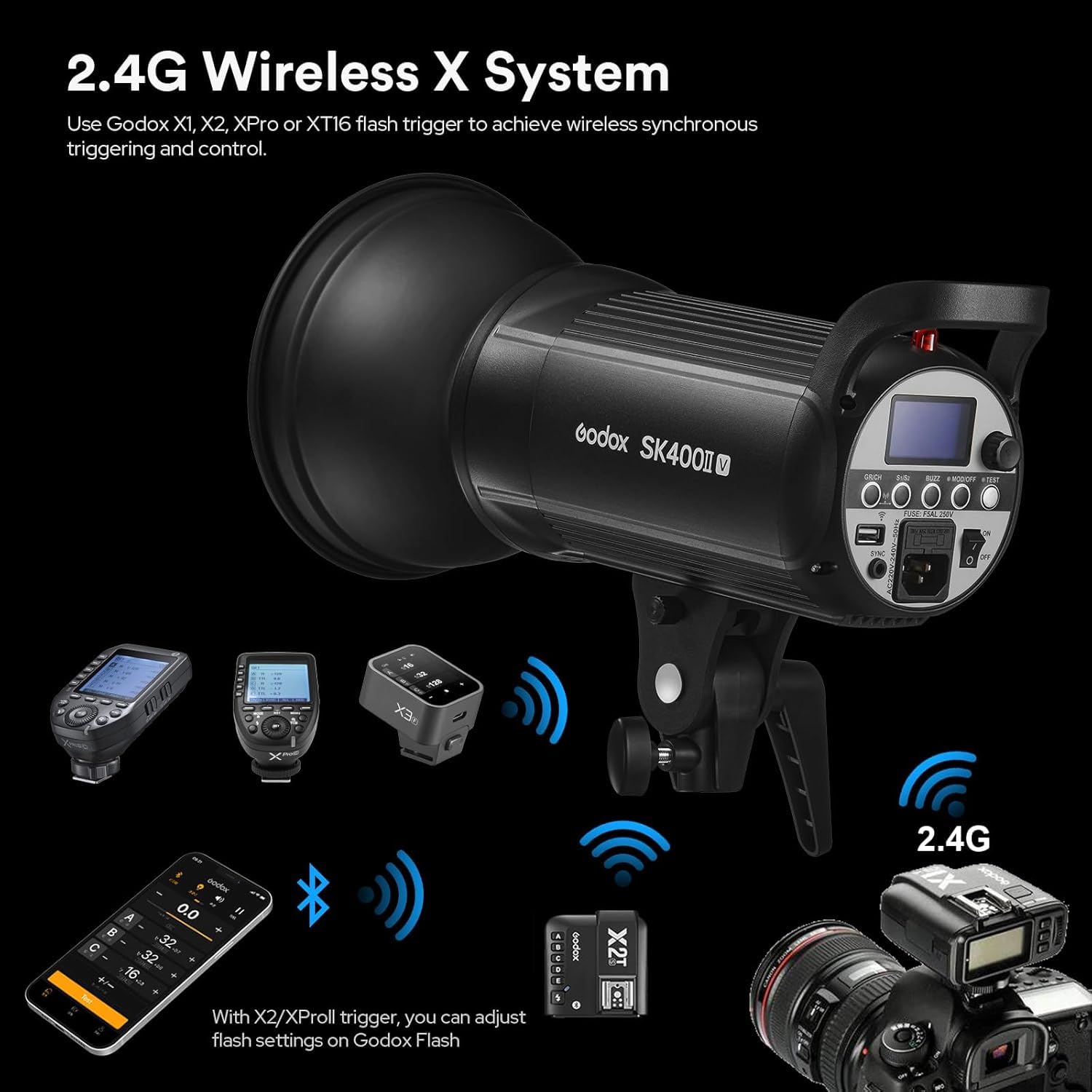 Godox SK400II-V SK400IIV Professional Upgrade LED Studio Flash, 400W 5600K 2.4G Wireless X System Bowens Mount Modelado Lámpara Studio Flash para Fotografía, Retrato y Fotografía de Estilo de Vida