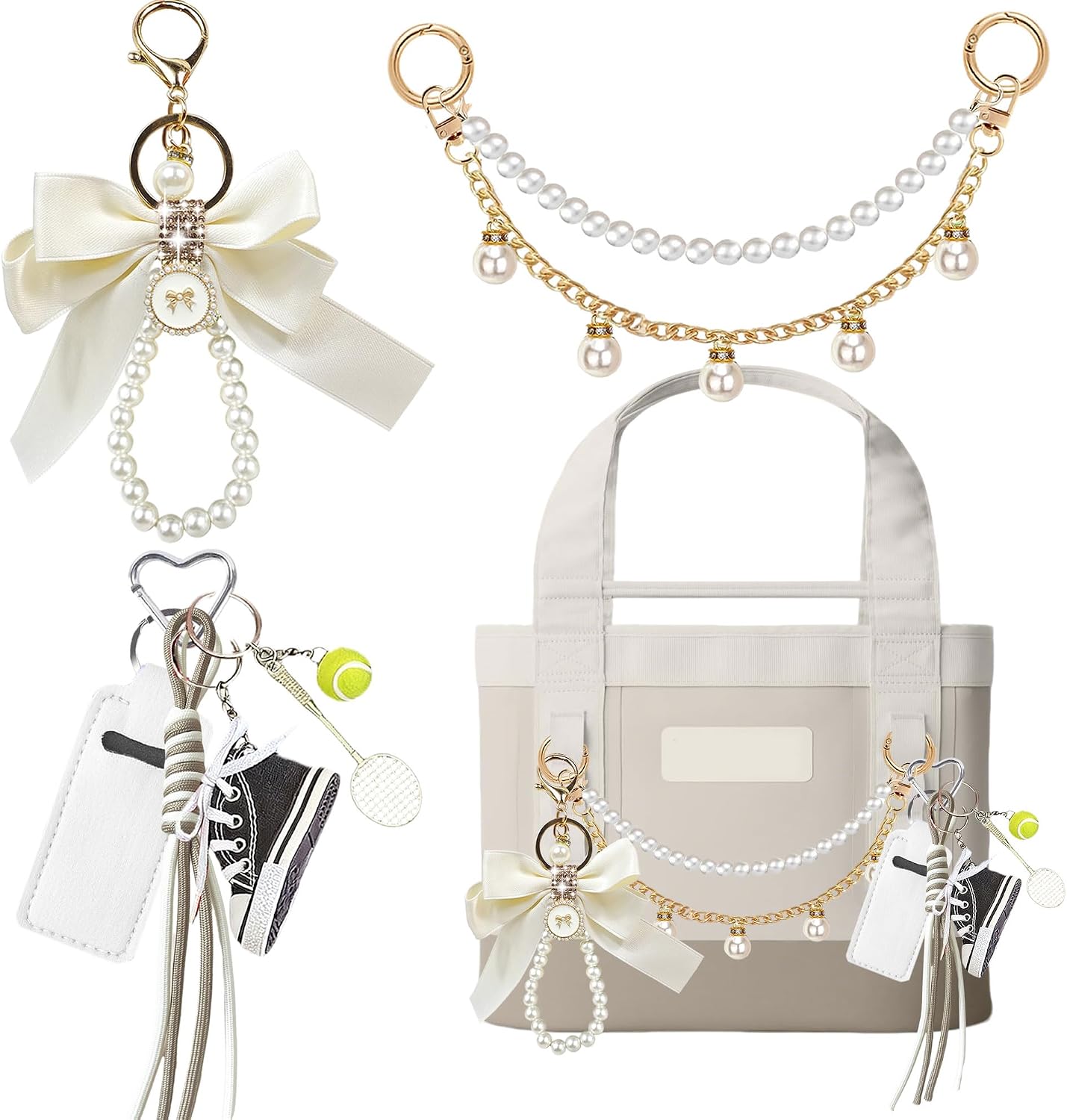 11PCS Tote Bag Decoration Set, Accessories Kit for YETI Camino 20/35/50 & Bogg Bag, Diamond Bow Keychain, Lipstick Holder, Tennis Racket & Mini Shoe Charms, Pearl Chain (White Frost)