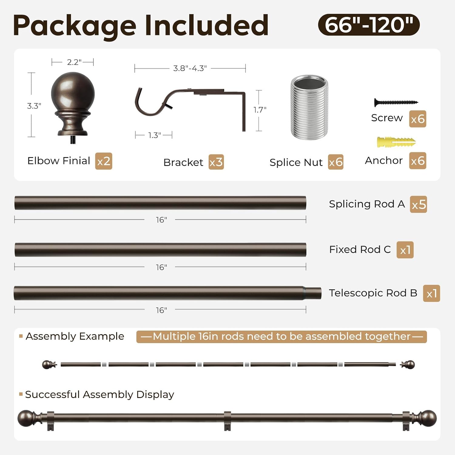 Zeerobee Curtain Rods for Windows 66 to 120, 1 Inch Adjustable Heavy Duty Bronze Curtain Rod, Outdoor Indoor Room Divider Modern Drapery Pole, 66-120"