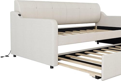 Miniatura 8 de SIYSNKSI Sofá cama de tapicería de tamaño individual con altura ajustable y diseño de carga USB sofá cama de tela tejida sofá cama para dormitorio