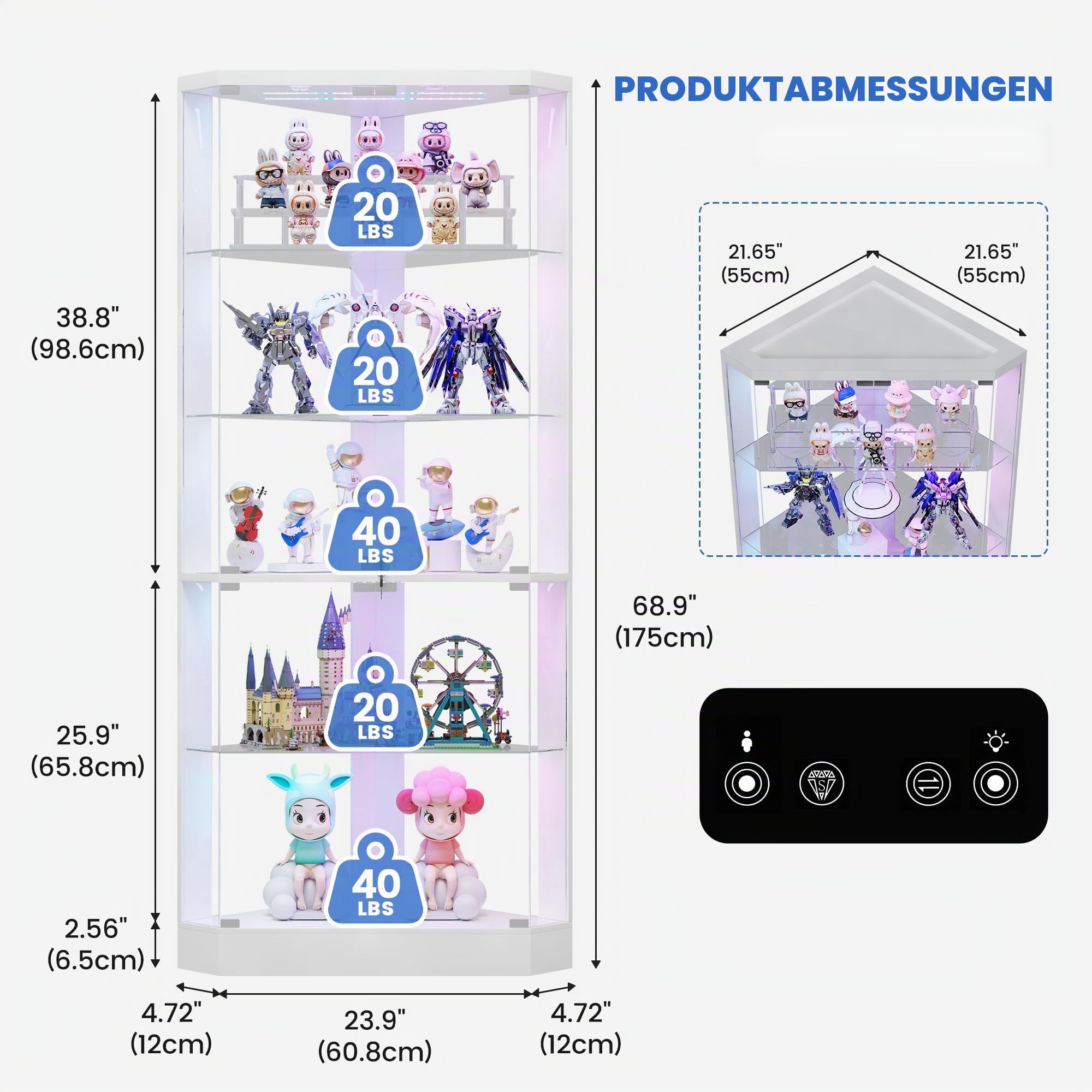 Lvifur 175cm 5-Lagen Eckvitrine mit Menschlicher Sensor & Glastüren,Weiß | Glasvitrine mit LED Beleuchtung für Sammlervitrine und Wohnzimmer