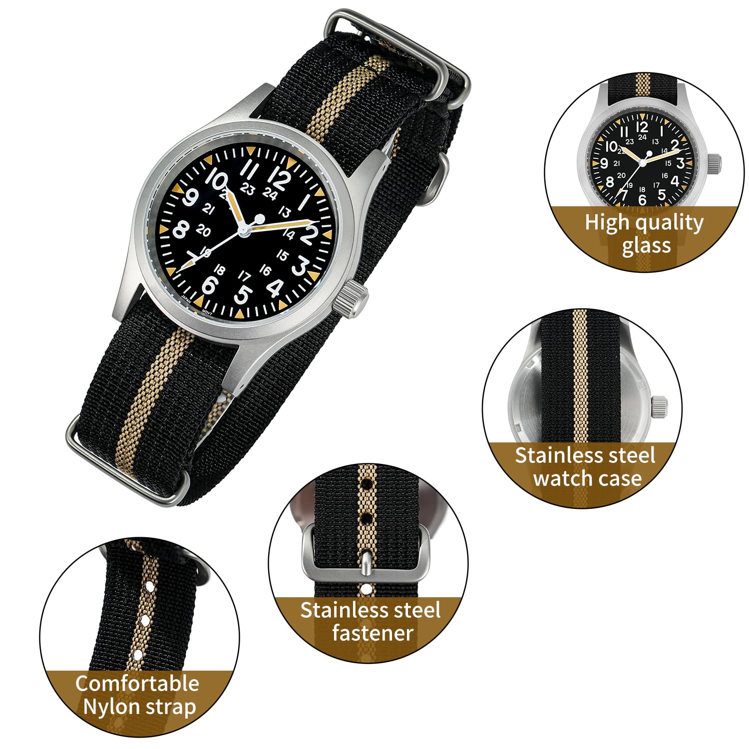 Militado ML05 ML05B 38mm Vintage Felduhren Für Männer, VH31 Schweigende Sekunde/515/Miyota Super 2035 Quarzwerk, Gewölbtes Saphirglas Mit AR-Beschichtung, C3 Super-Leuchtmasse, 100M Wasserdicht