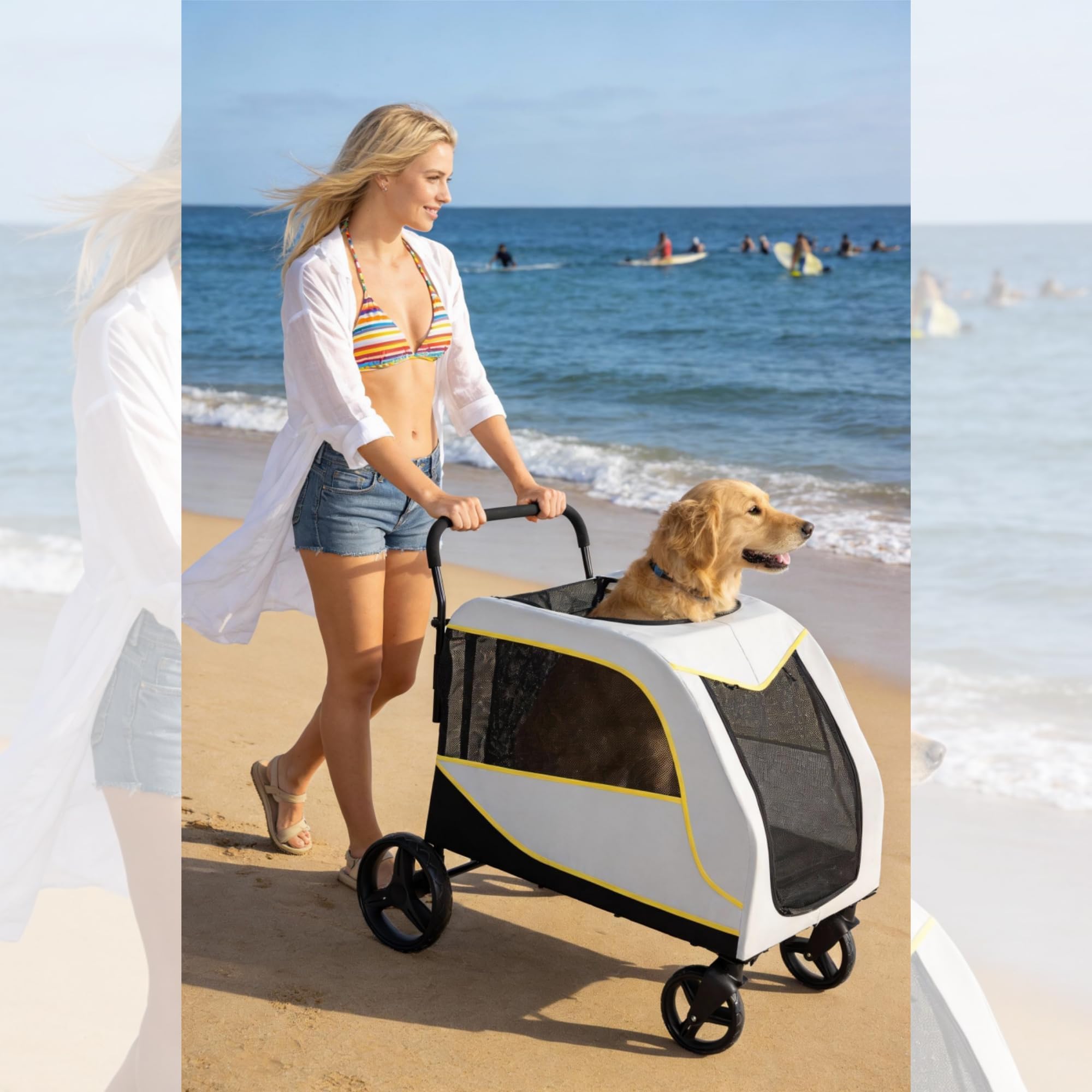 Aptliton Grande poussette pour chien jusqu'à 50 kg – Poussette pliable pour chien avec rampe intégrée, fonction poussée et traction 2 en 1, roues tout terrain, jogging sportif pour grands et vieux