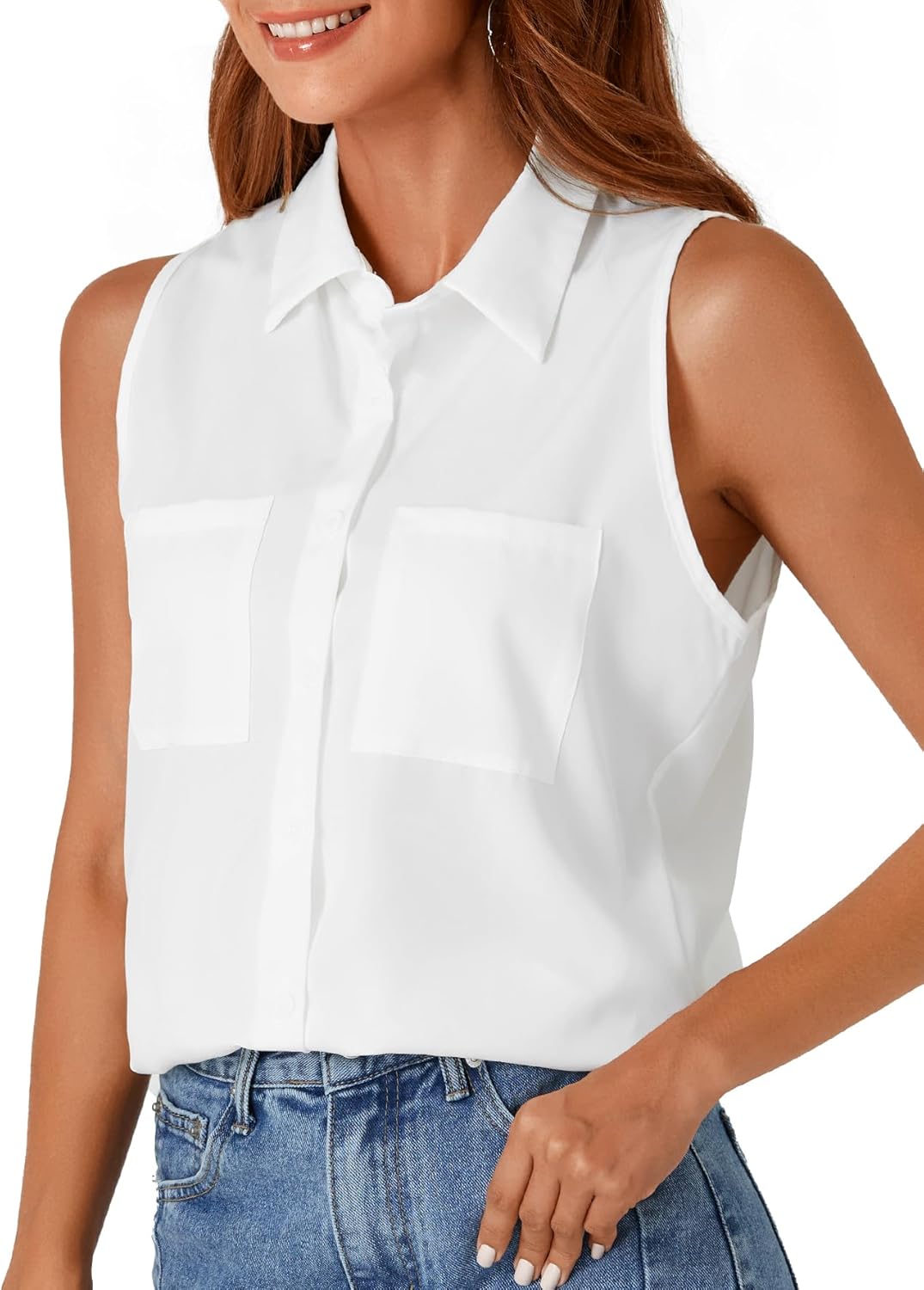 Rooscier Women's Collar V Neck Sleeveless Button Down Blouse Top Shirt with Pockets - Image 3