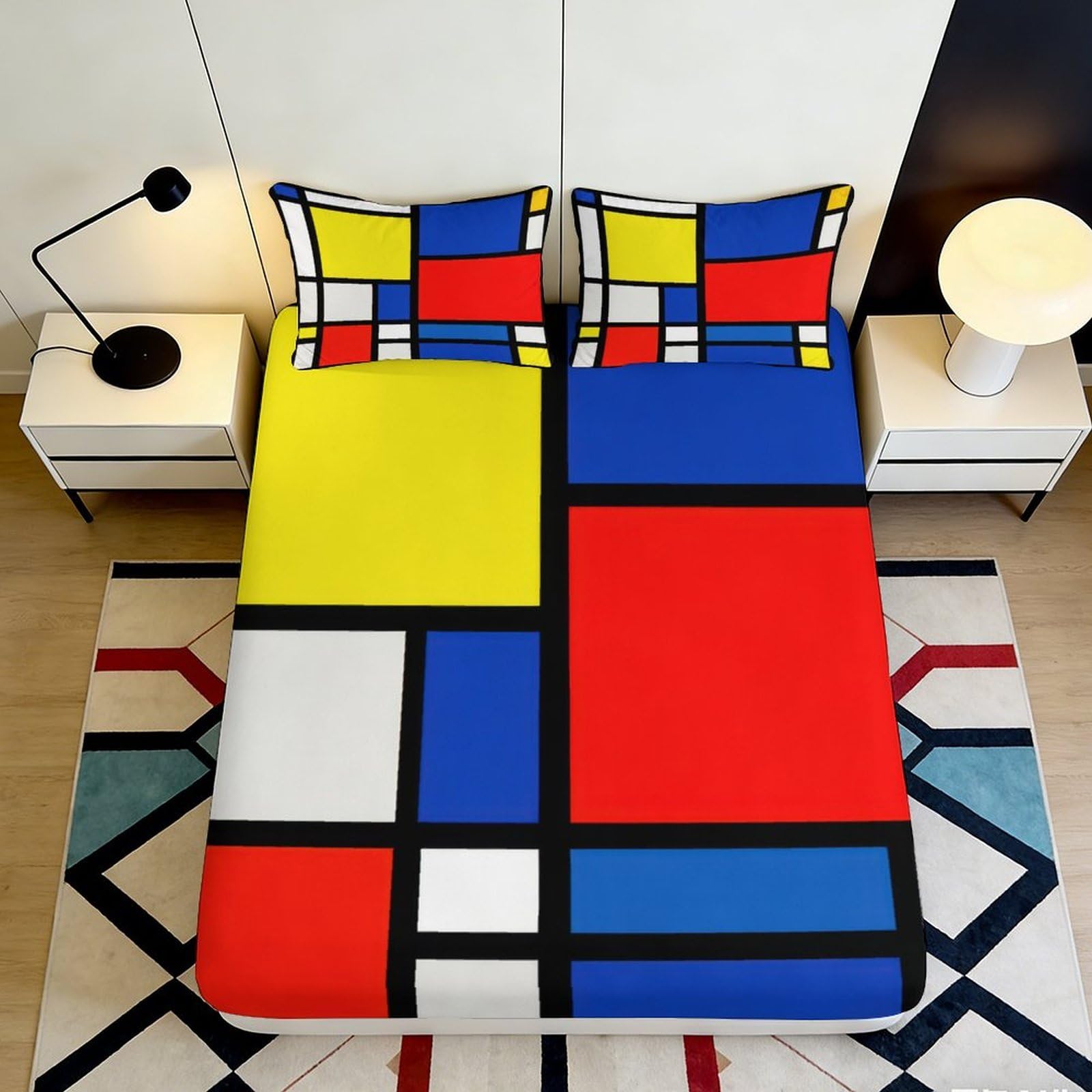 Jqzkxnhpbr Style-5 3D Printed Mondrian Geometric Fitted Sheet Microfiber Colour Block Mattress Cover Modern Bedroom Decor Anti-Slip Washable 90X200x25cm