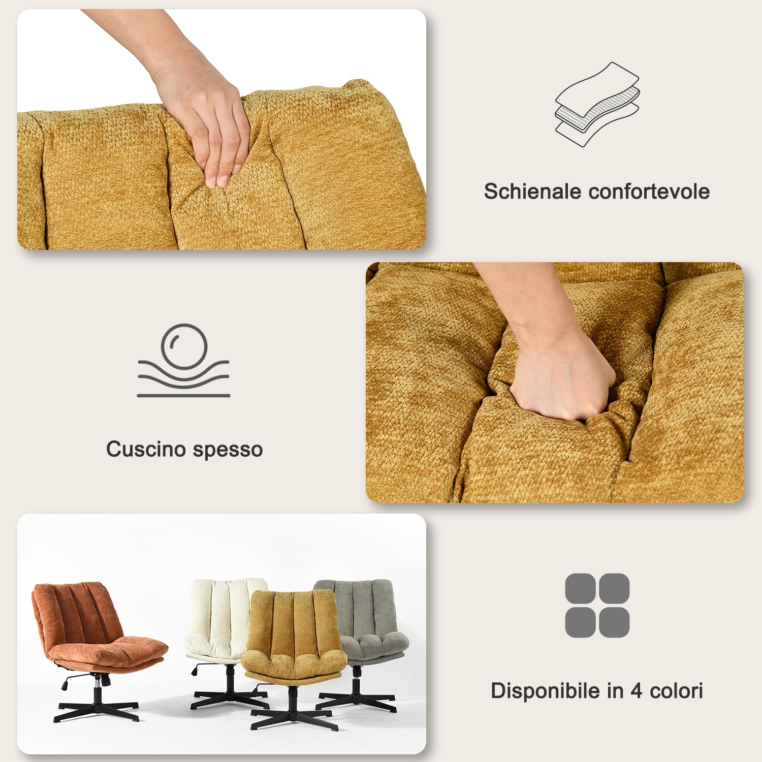 MEUBLE COSY Poltrona Girevole con Altezza Regolabile, Sedia da Salotto Funzione di Inclinazione Libera, Poltroncina Relax con Schienale Seduta Imbottito in Tessuto, Giallo