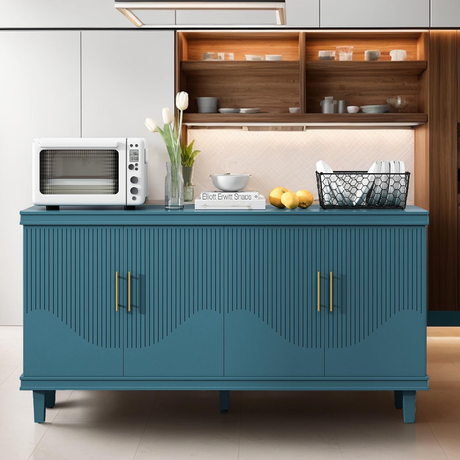 HMHKHN 60" Sideboard Buffet Cabinet with Storage, Modern Accent Storage Cabinet with 4 Doors and Adjustable Shelves, Wooden Console Table for Living