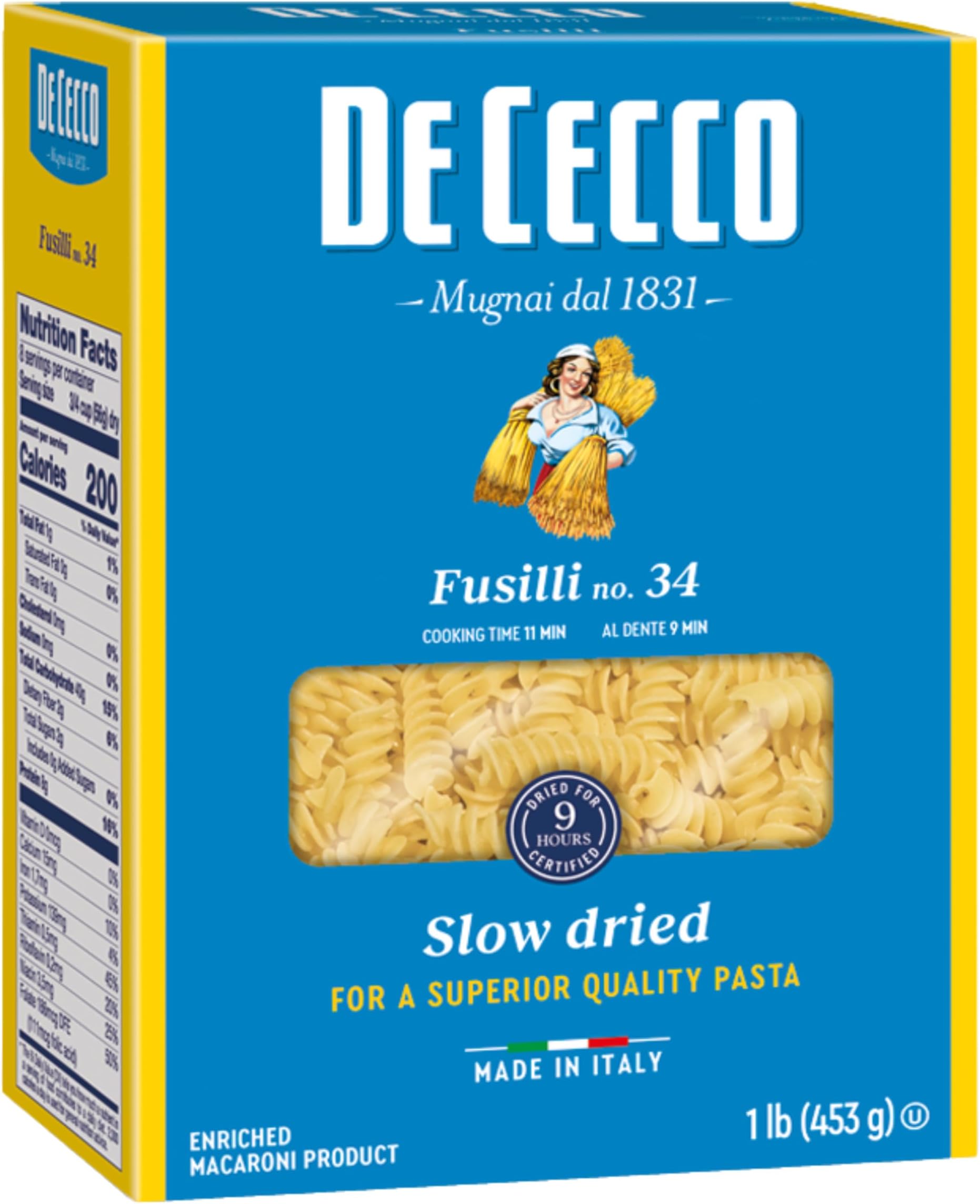 De Cecco Fusilli No. 34 Pasta, 16 Oz, Authentic, Slow Dried, Made with Durum Wheat, Versatile Pasta for Sauces & Recipes, Made in Italy