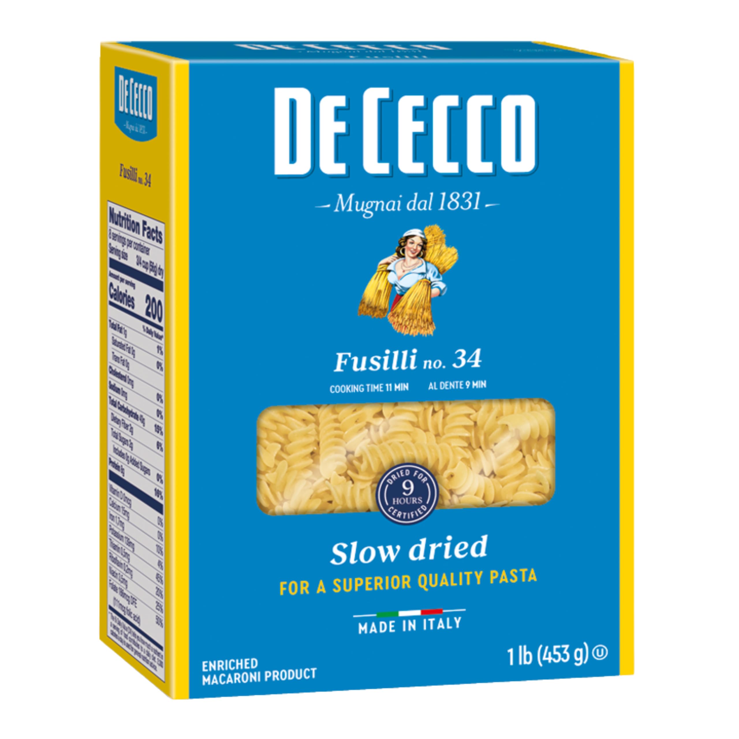 De Cecco Fusilli No. 34 Pasta, 16 Oz, Authentic, Slow Dried, Made with Durum Wheat, Versatile Pasta for Sauces & Recipes, Made in Italy