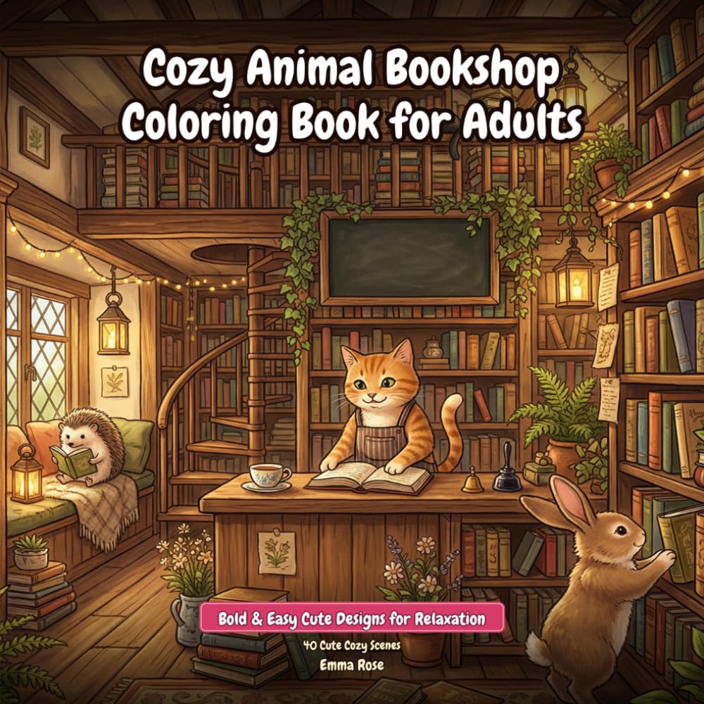 Cozy Animal Bookshop Coloring Book: Bold & Easy Cute Designs for Relaxation|40 Cute Cozy Scenes
