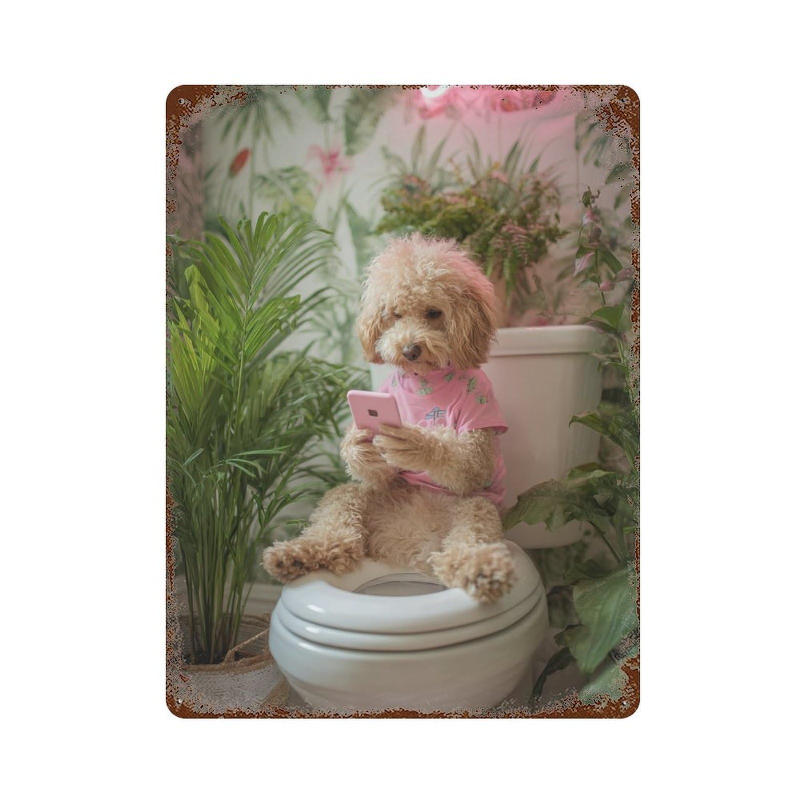 Distressed Metal Wall Sign with Poodle on Toilet with Phone Design 15.7"x11.8", for Shed, Workshop And Garage Wall Decor, Decorative Metal Wall Art