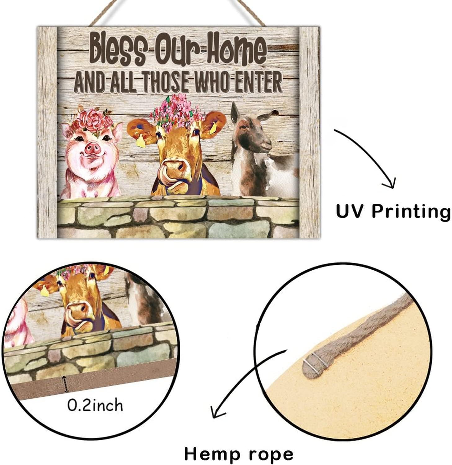 Wood Art Plaque Farmhouse Animal Pig Cow Sheep Sign Bless Our Home and All Those Who Enter Wood Sign Plaques Farmhouse Rustic Wall Home Decoration Plaque 24x18in