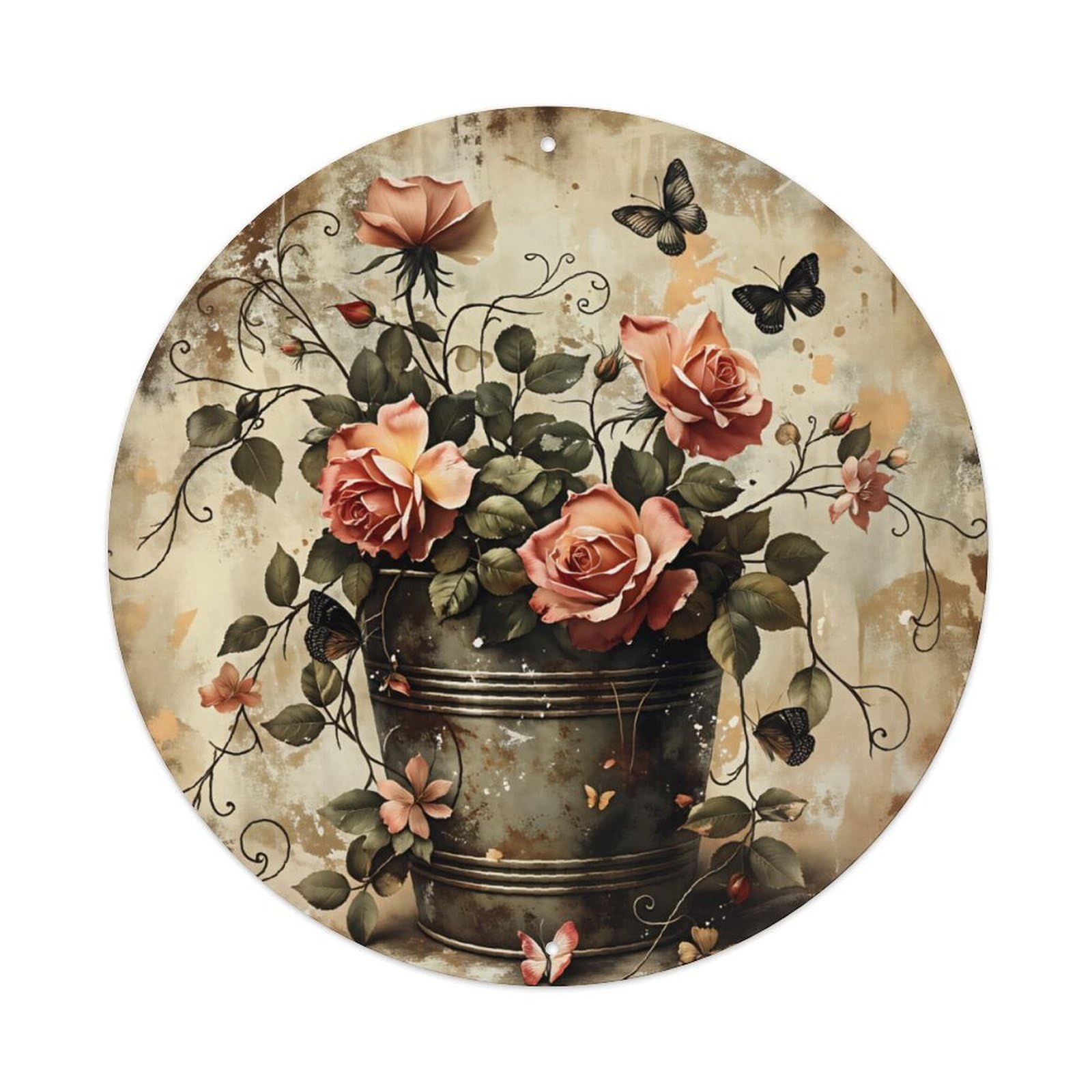 Vintage Roses And Butterflies Floral Decorative Sign Vintage Aluminium Metal Sign, Retro Wall Decor for Home, Bar, Garage & Farmhouse 20x20cm