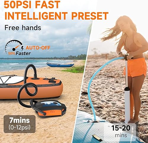 Miniatura 4 de Bomba de tabla de remo de 50 PSI, bomba eléctrica de SUP de alta presión, inflado y desinflado de doble etapa, apagado automático, bomba de aire Sup