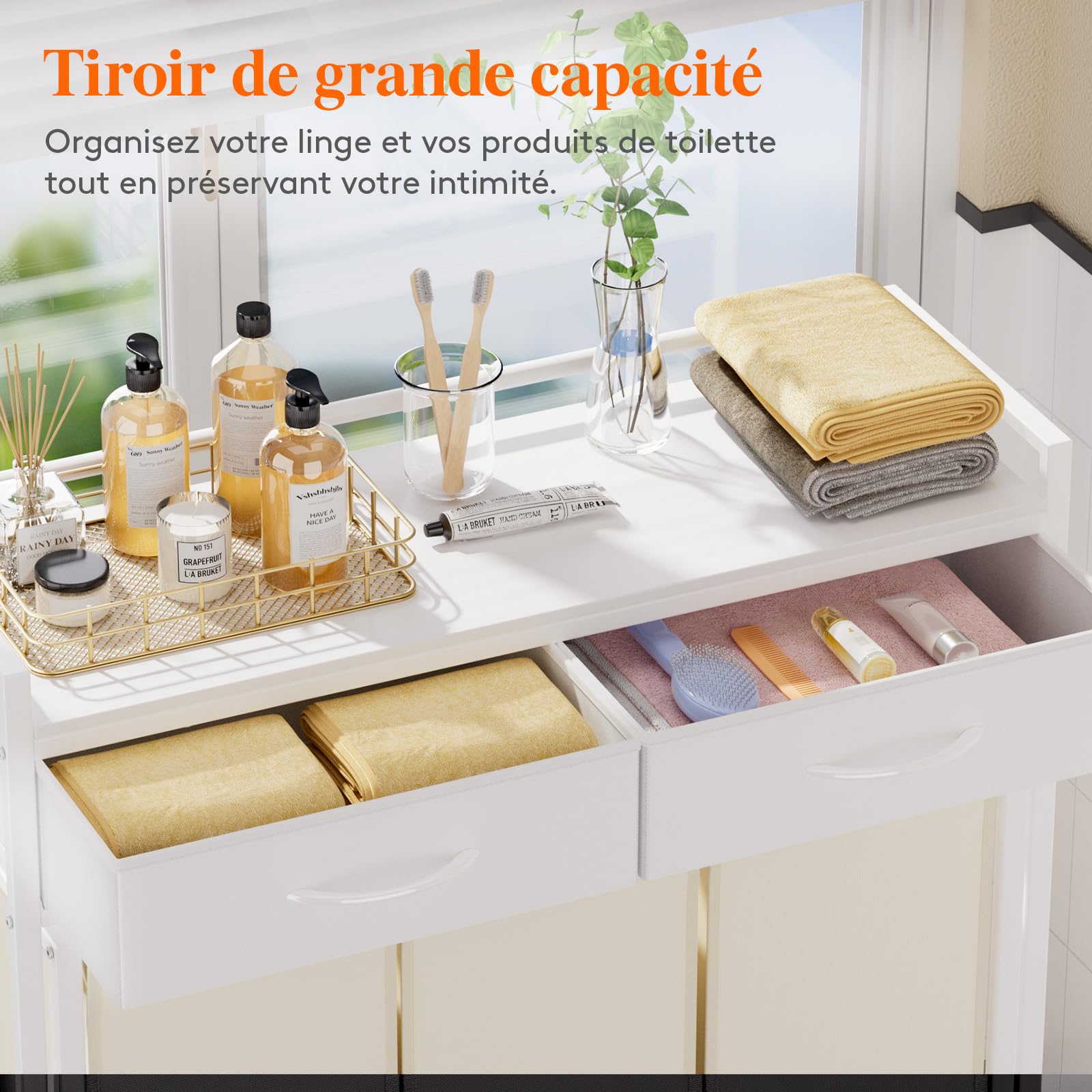 Lifewit Panier a Linge 3 Compartiments Roulettes 135L, Meuble Linge Sale Grande avec 2 Tiroirs et 3 Sac à Linge en Tissu Oxford, Bac à Linge pour Buanderie, Chambres, Salles de Bains, Blanc et beige