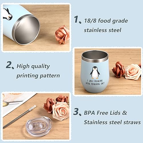 Miniatura 4 de Regalos de pingüinos, regalos de cumpleaños de Navidad para mamá, hermana, hija, vaso de vino de 12 onzas con texto en inglés "I Just Freaking Love