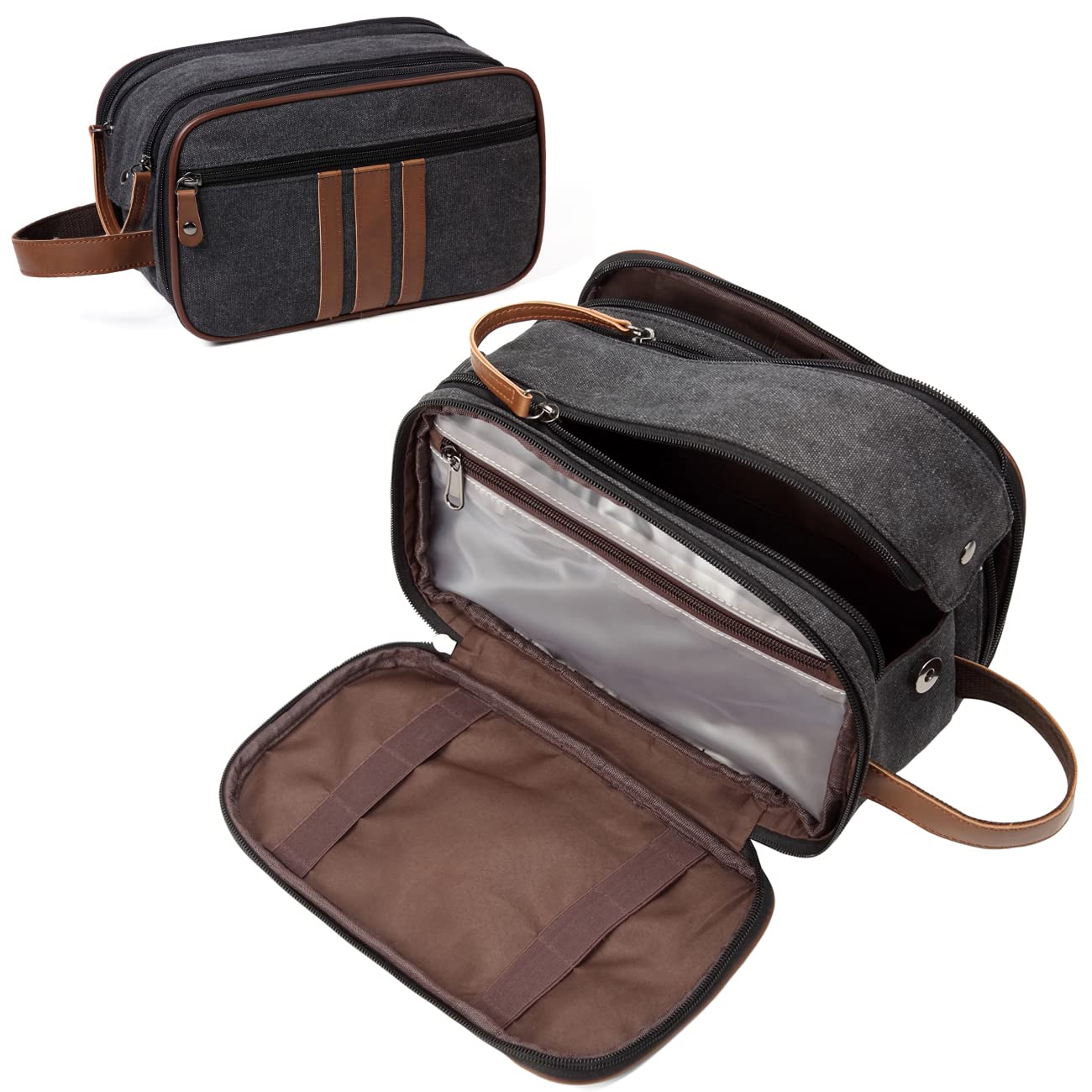 Kasgo Neceser Hombres, Kasgo Neceser Viaje Mujer Grande Lona Neceser Maquillaje Impermeable Bolso Cosmético Neceser Lavado 3 Compartimentos Bolsa de Aseo con Soporte Cuero para Baño Gimnasio Diario, Gris