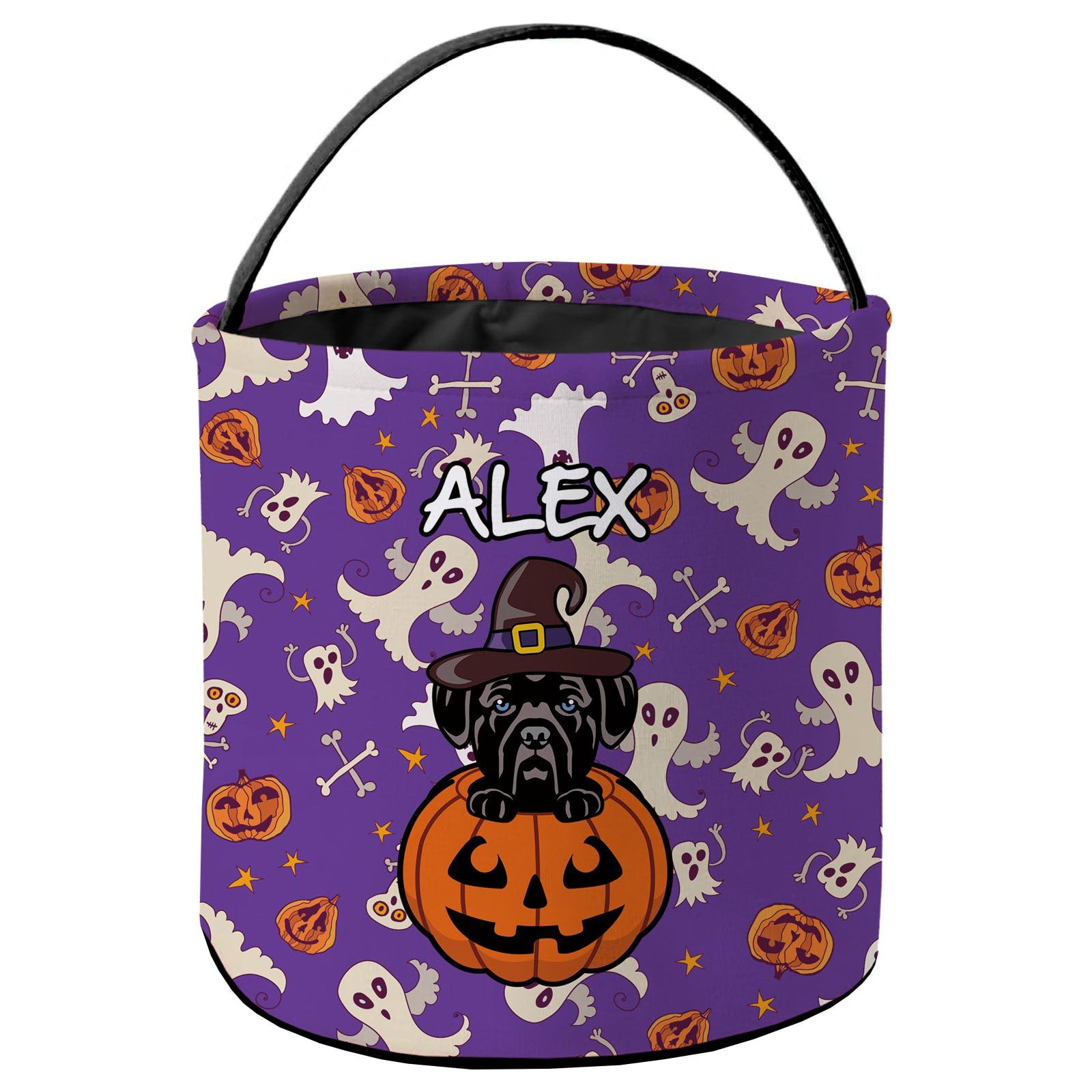 KafePross Personalized Halloween Trick or Treat Bag Cute Cane Corso Dog Halloween Ghost Pumpkin Decor Basket Candy Gifts Bucket for Kids 9 x 9.8 Inch Purple