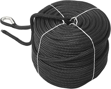 NovelBee 1/2" x 250 Double Braid Nylon Anchor Line with Stainless Steel Thimble,Safe Workload1,020 Lbs;Tensile Strength5,100 Lbs Black