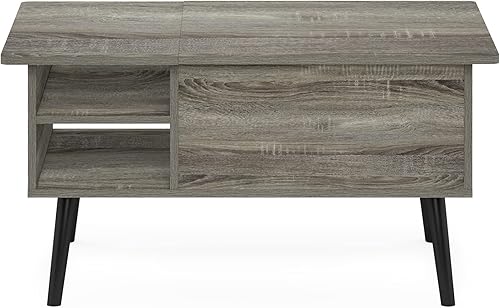 Miniatura 8 de Furinno Jensen - Mesa auxiliar de madera con parte superior elevadora de patas con compartimento oculto y estante lateral abierto para sala de