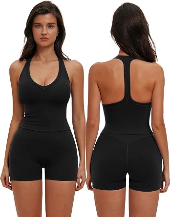 ABOCIW Workout Sets for Women 2 Piece Padded V Neck Racerback Tank Top Matching High Waist Biker Shorts Pilates Yoga Set