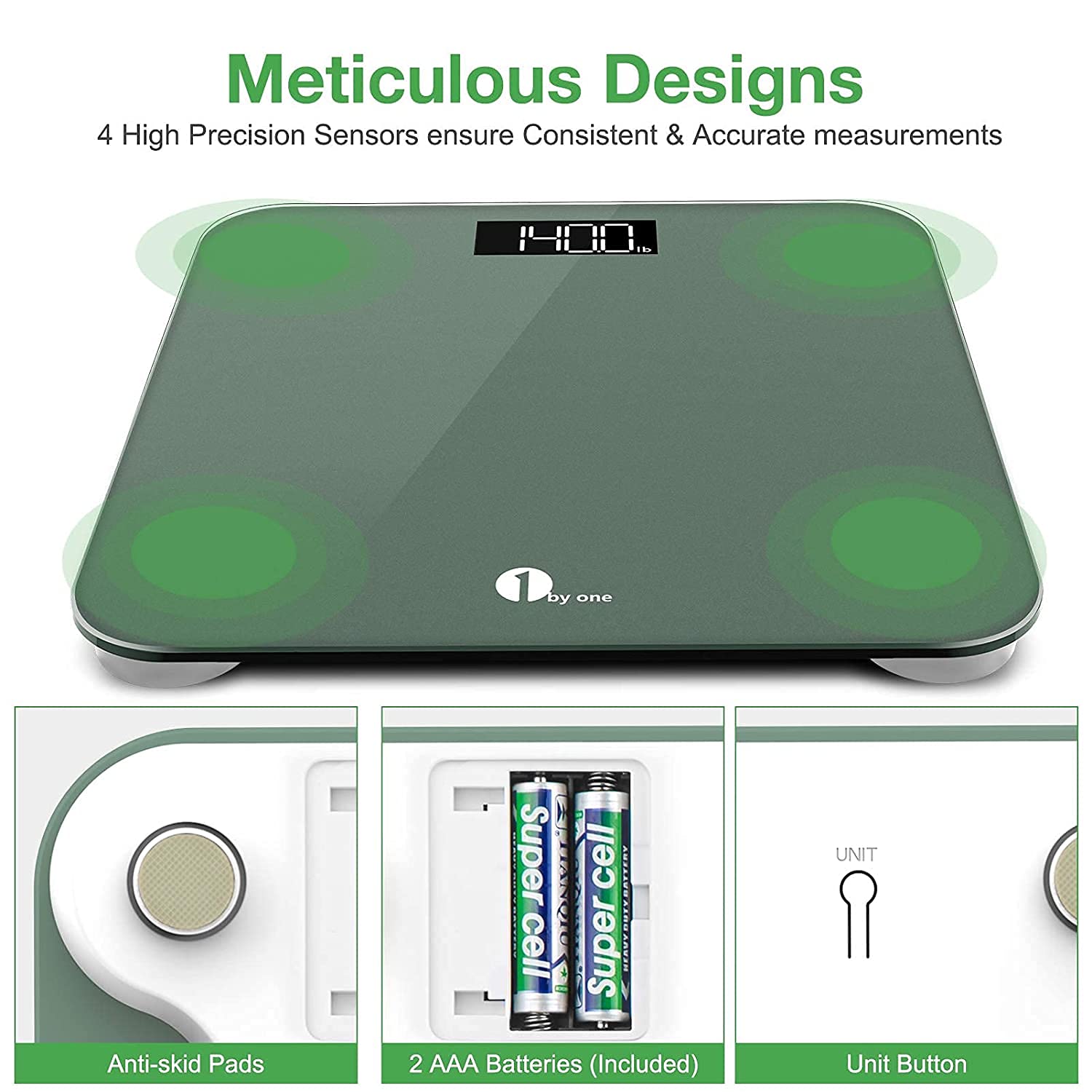 1 BY ONE Digital Body Weight Scale, Bathroom Weighing Scale for People with Large LED Display, 400 lbs,Tape Measure and Batteries Included